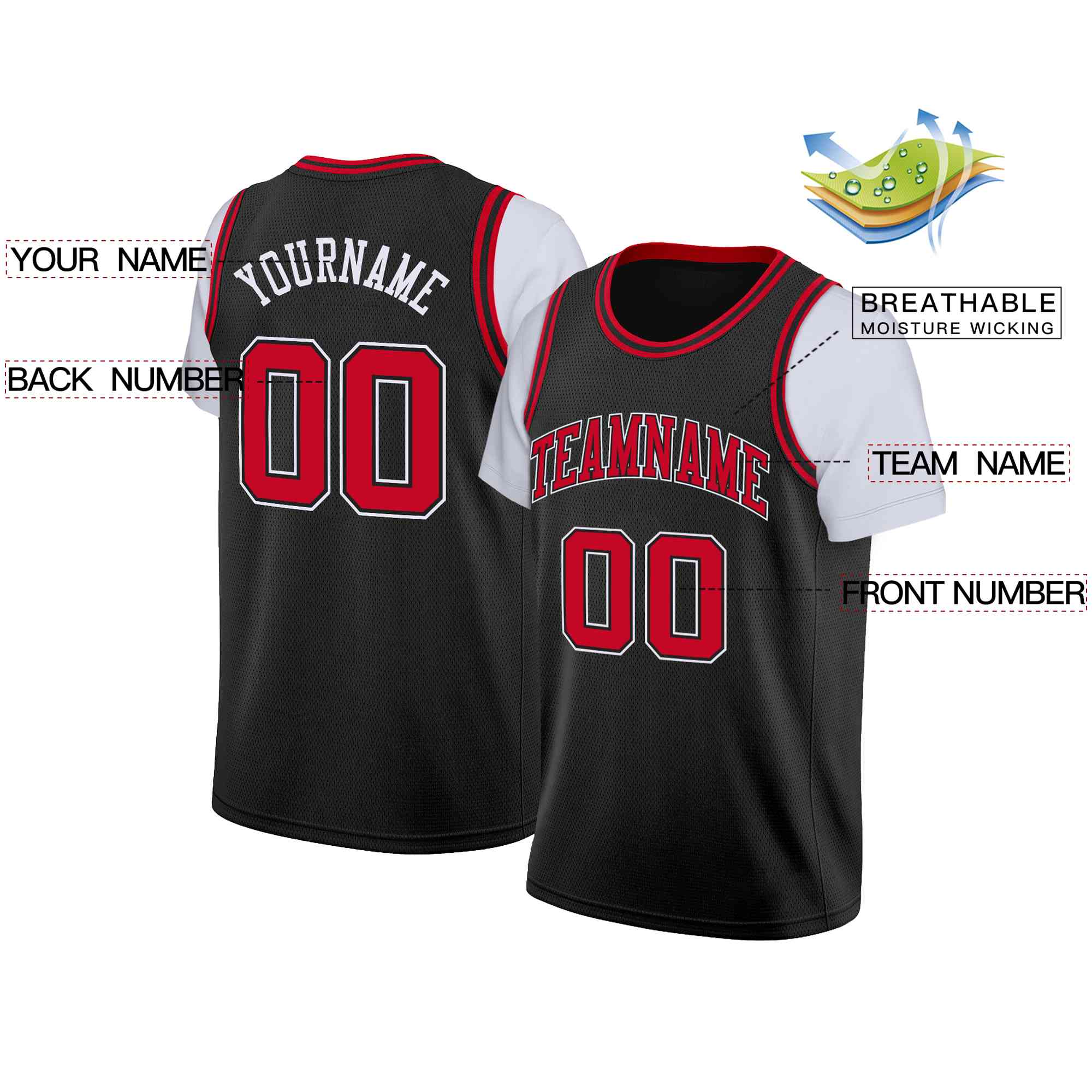 Custom Black Red-Black Classic Tops Casual Fake Sleeve Basketball Jersey| KXKSHOP