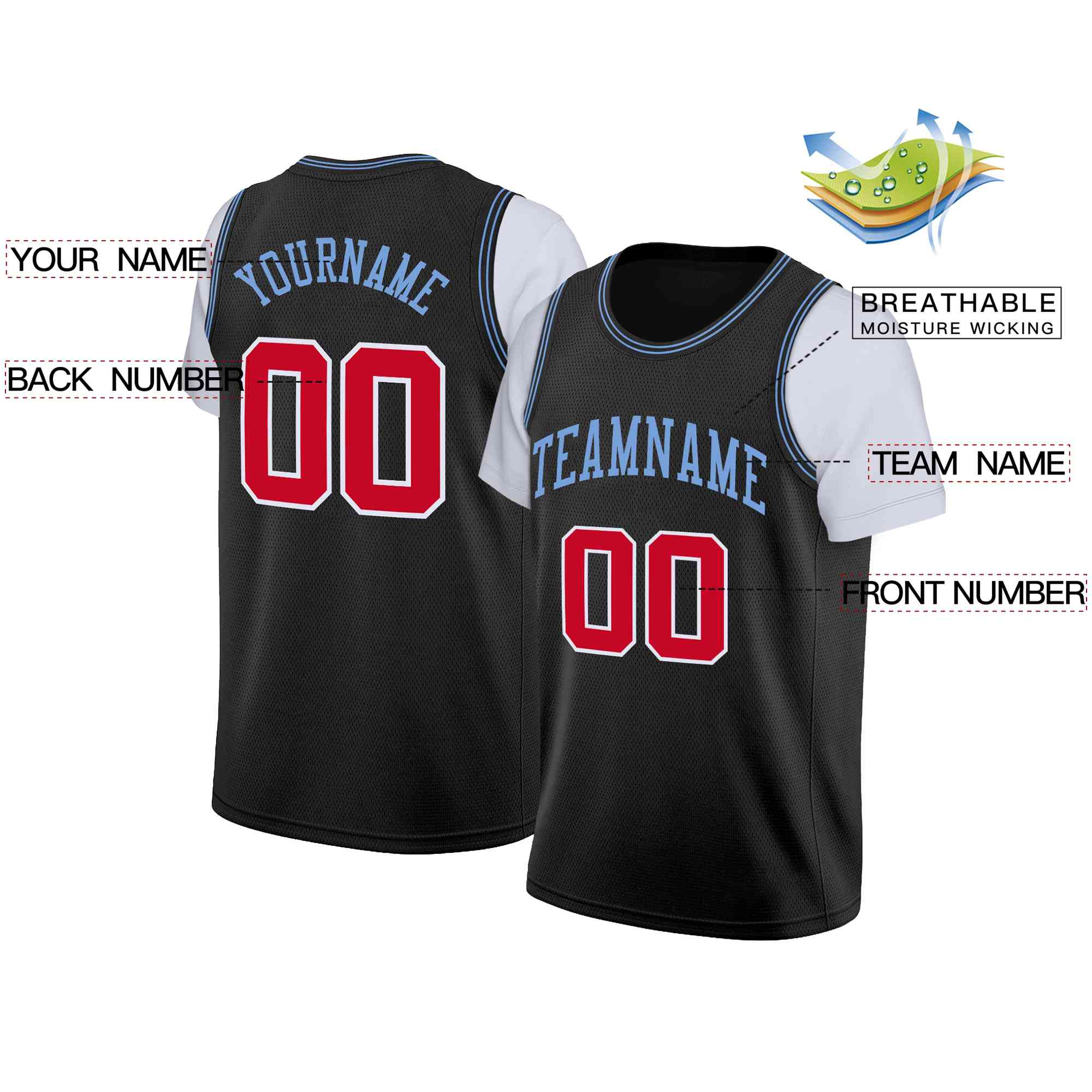 Custom Black Powder Blue Classic Tops Casual Fake Sleeve Basketball Jersey| KXKSHOP