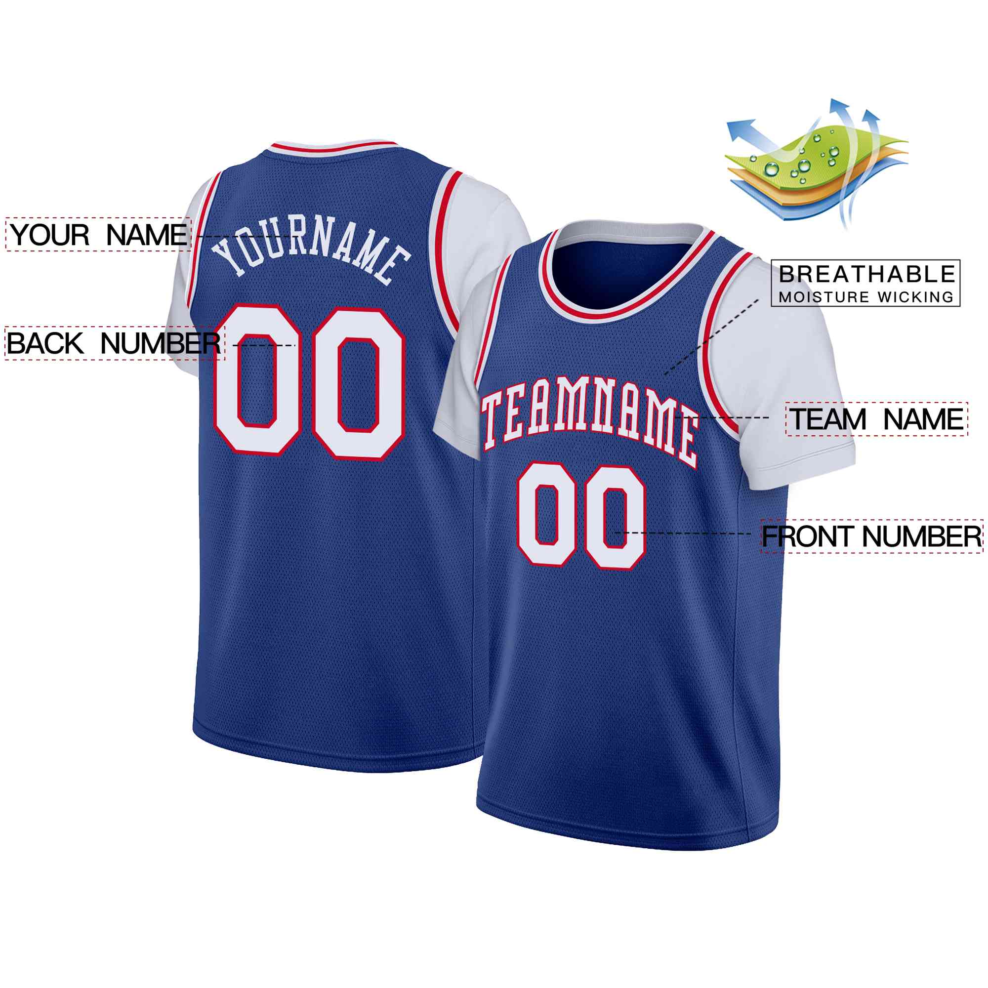 Custom Blue White-Red Classic Tops Casual Fake Sleeve Basketball Jersey| KXKSHOP