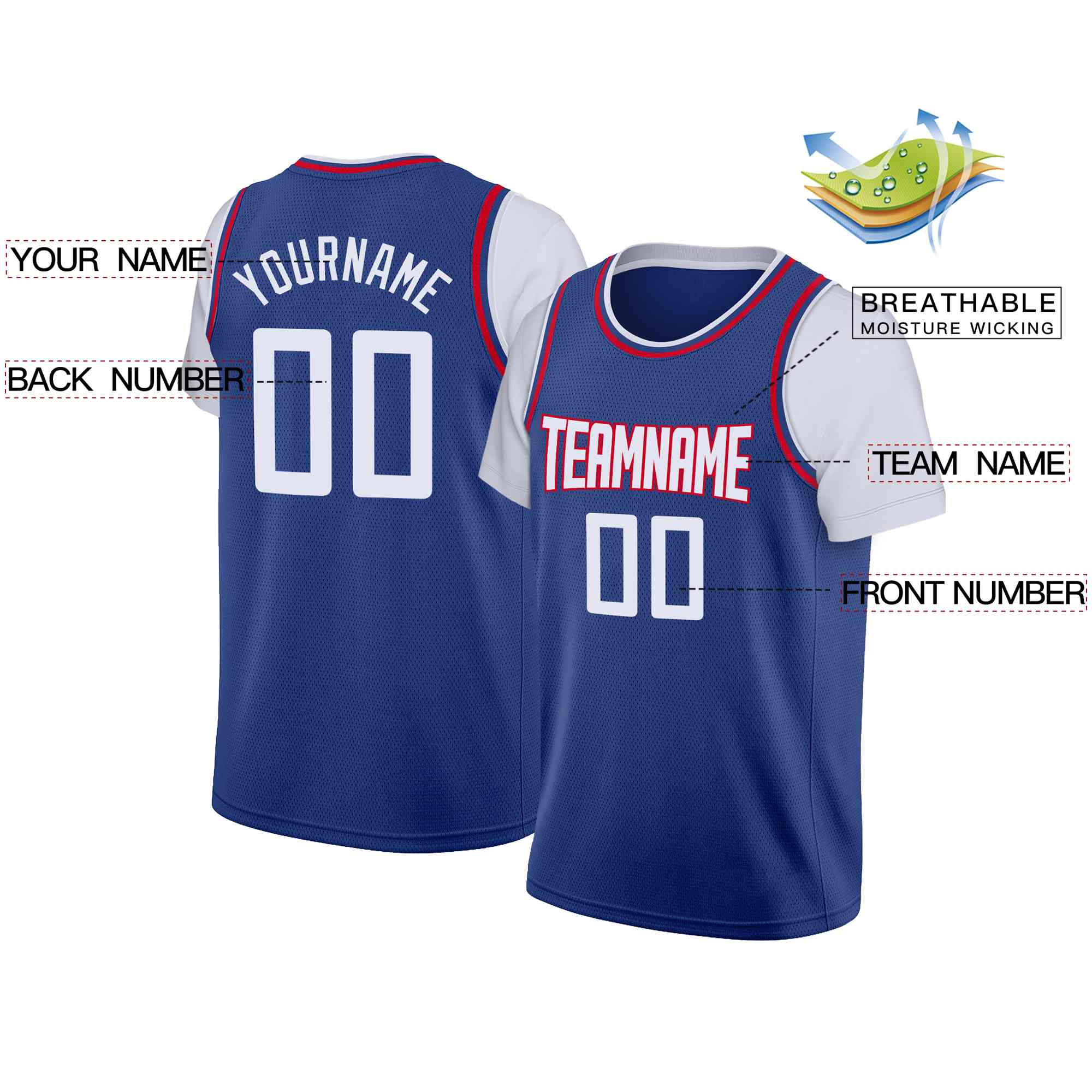 Custom Blue White-Red Classic Tops Casual Fake Sleeve Basketball Jersey| KXKSHOP