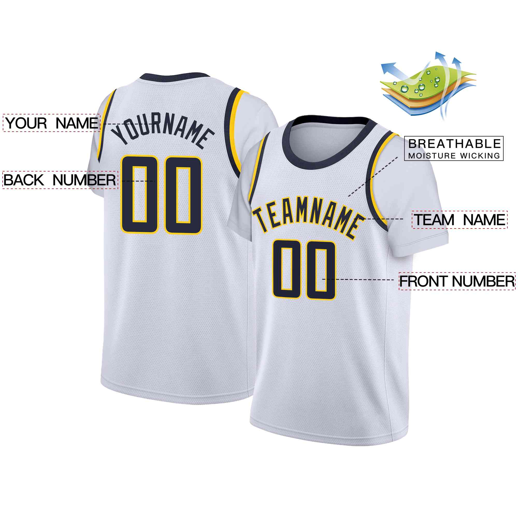 Custom White Navy-Yellow Classic Tops Casual Fake Sleeve Basketball Jersey| KXKSHOP