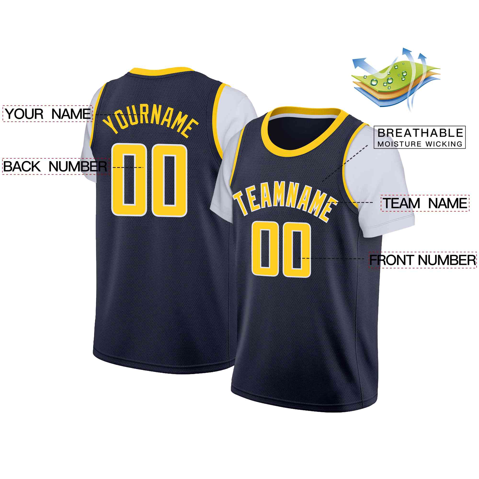 Custom Navy Yellow-White Classic Tops Casual Fake Sleeve Basketball Jersey| KXKSHOP
