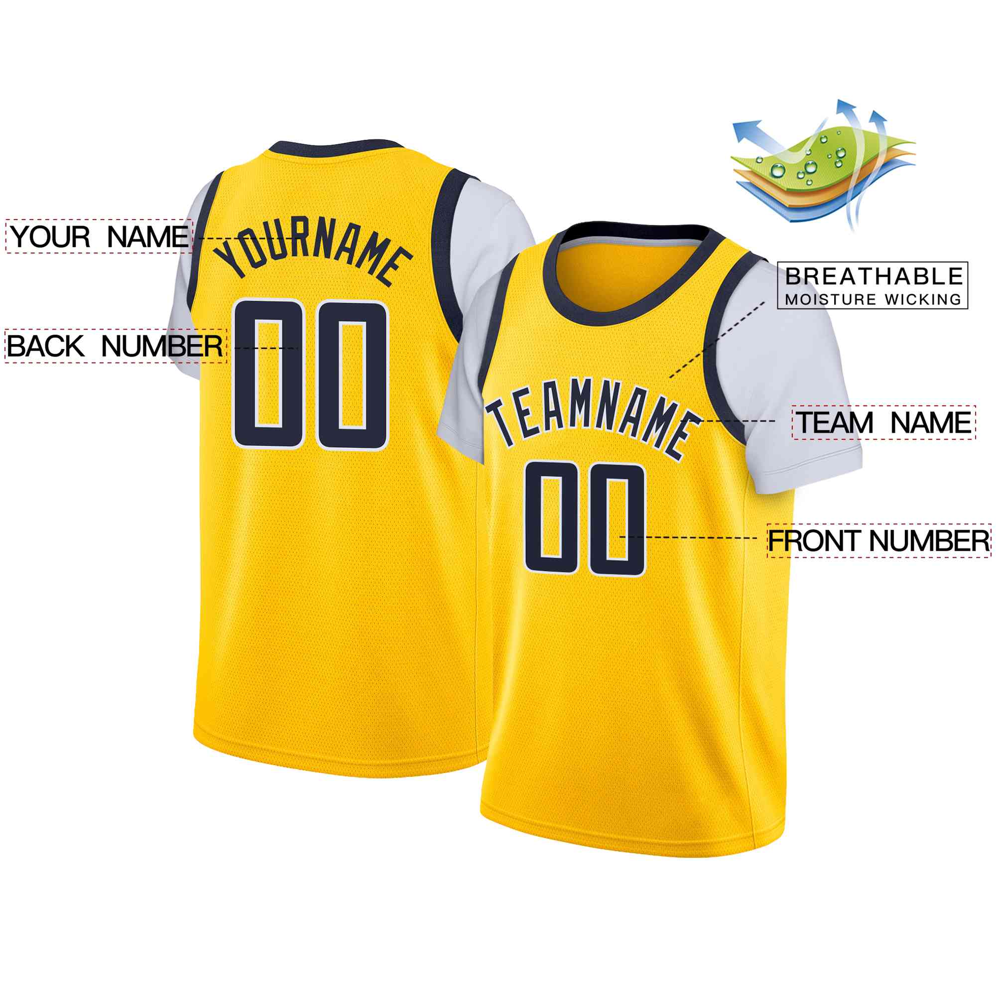 Custom Yellow Navy-White Classic Tops Casual Fake Sleeve Basketball Jersey| KXKSHOP