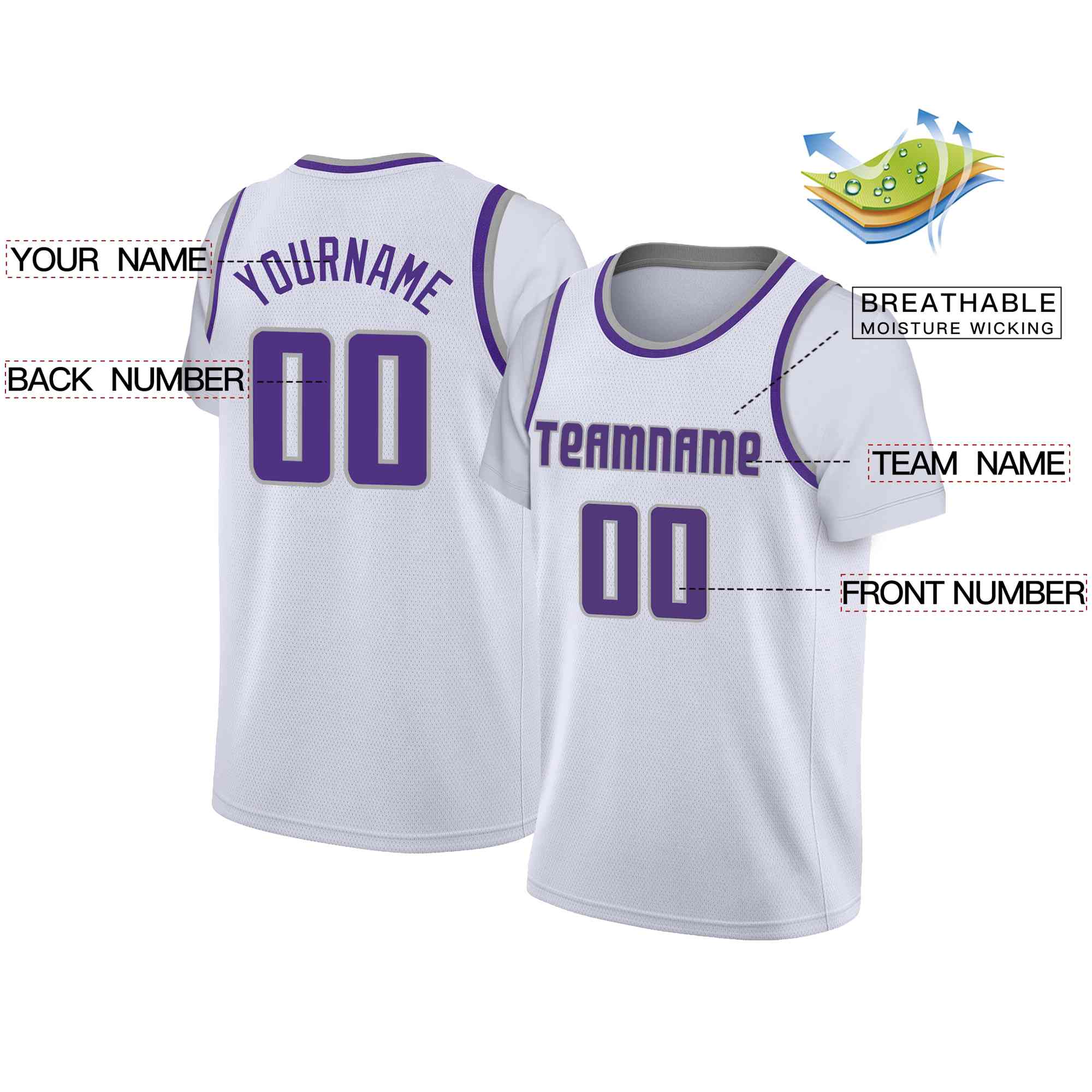 Custom White Purple-Gray Classic Tops Casual Fake Sleeve Basketball Jersey| KXKSHOP
