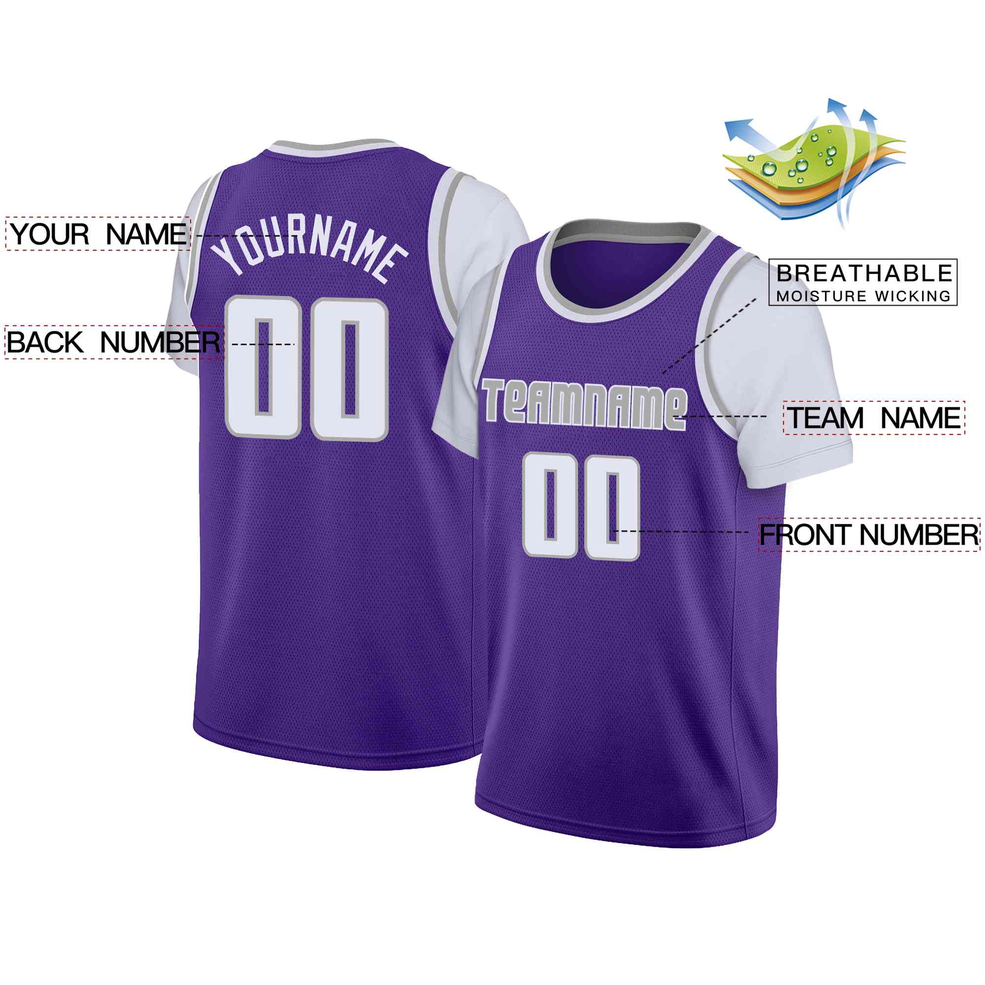 Custom Purple Gray-White Classic Tops Casual Fake Sleeve Basketball Jersey| KXKSHOP