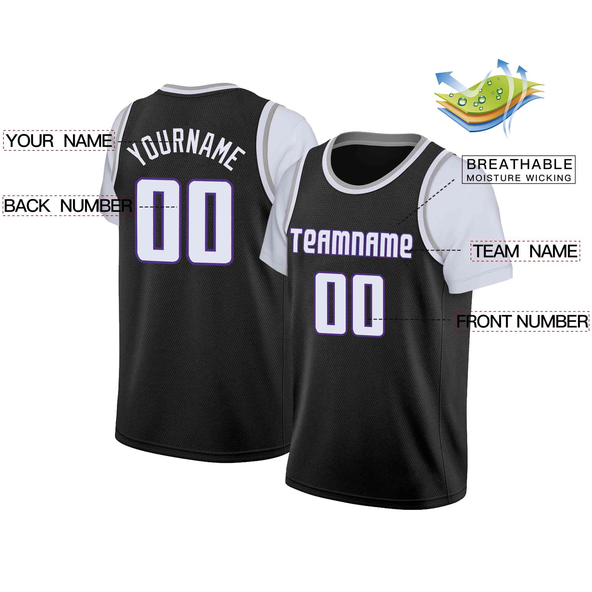 Custom Black White-Purple Classic Tops Casual Fake Sleeve Basketball Jersey| KXKSHOP
