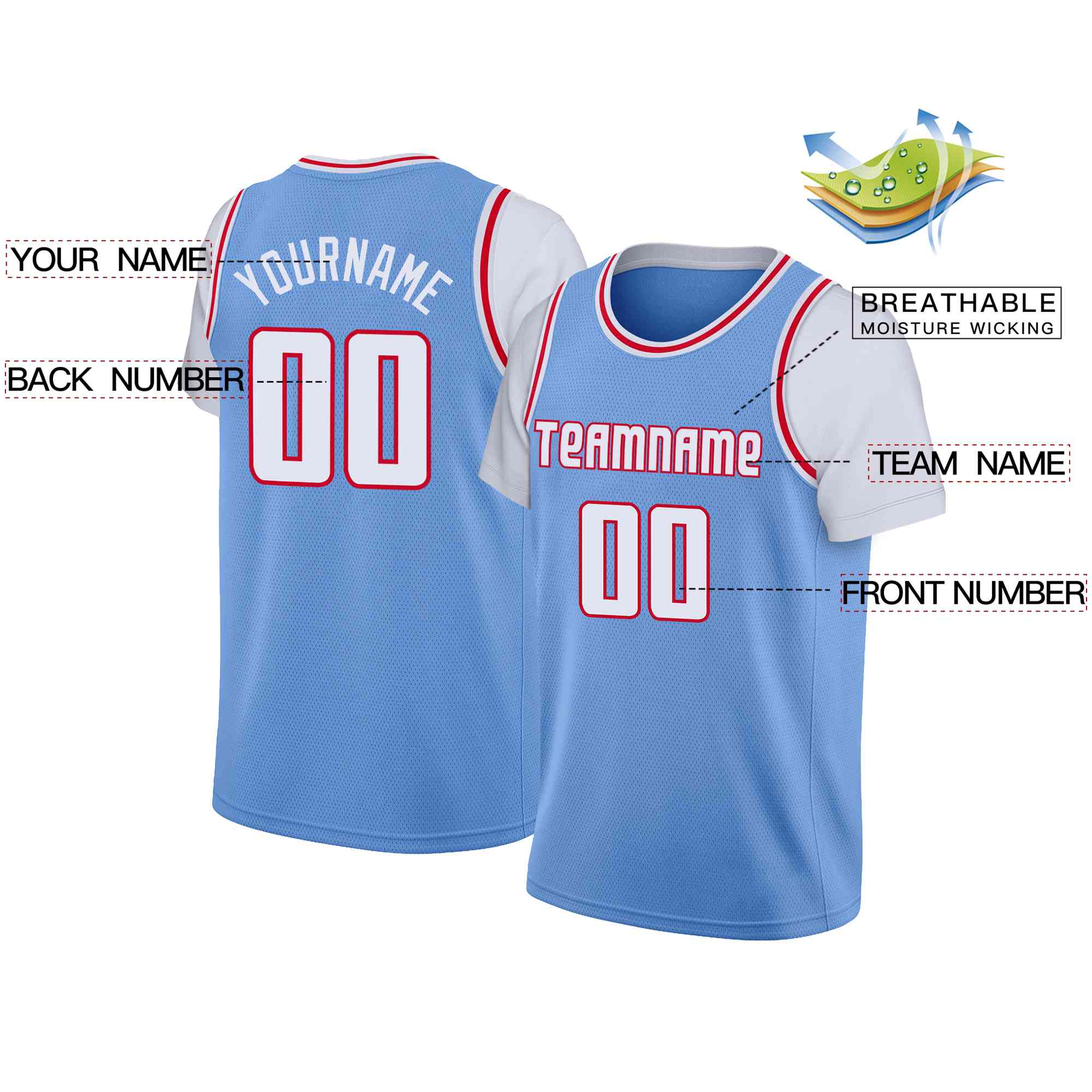 Custom Light Blue White-Red Classic Tops Casual Fake Sleeve Basketball Jersey| KXKSHOP