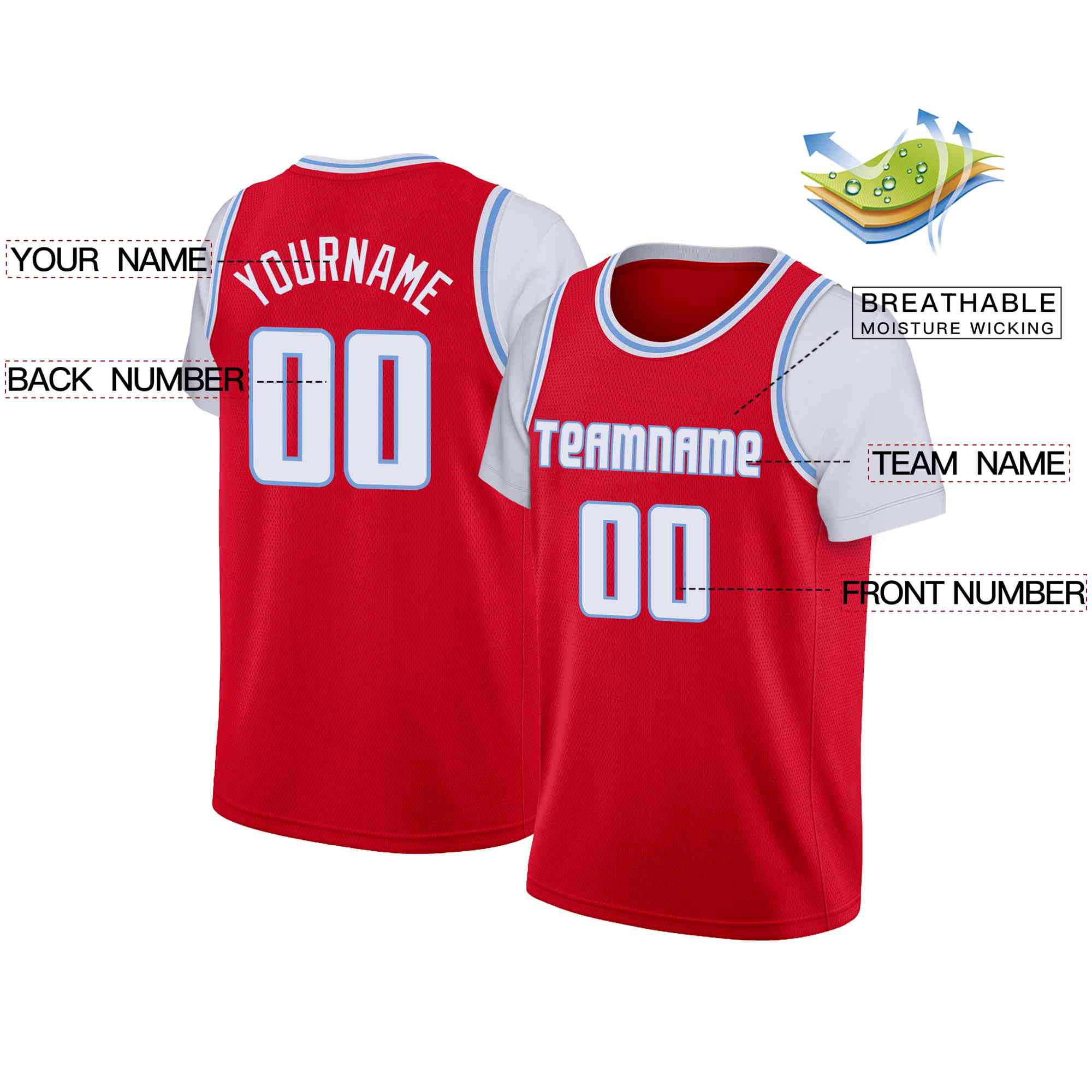 Custom Red White-Light Blue Classic Tops Casual Fake Sleeve Basketball Jersey| KXKSHOP