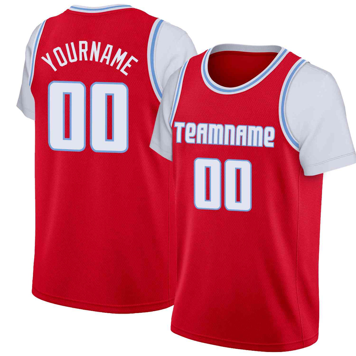 Custom Red White-Light Blue Classic Tops Casual Fake Sleeve Basketball Jersey