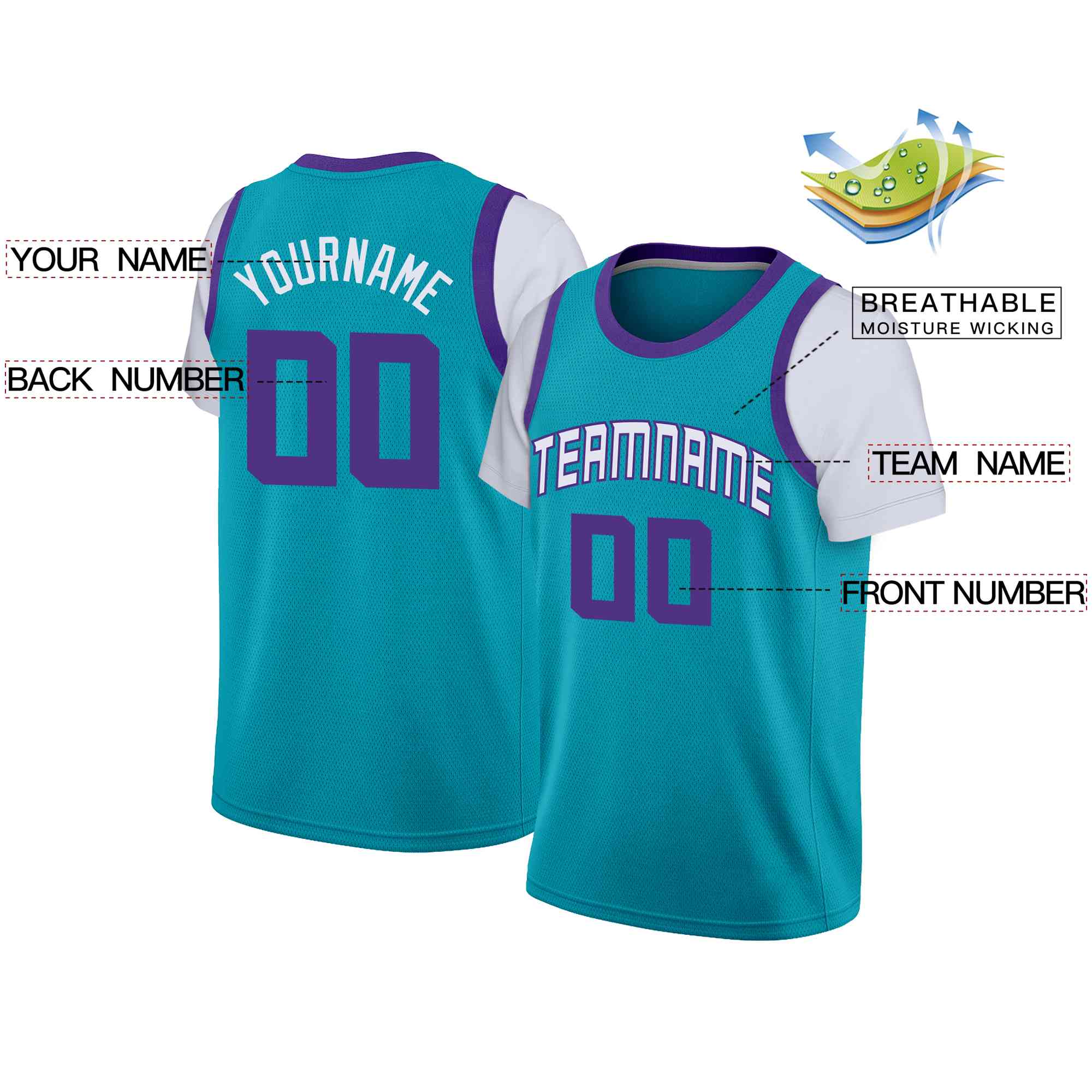 Custom Teal White-Purple Classic Tops Casual Fake Sleeve Basketball Jersey| KXKSHOP