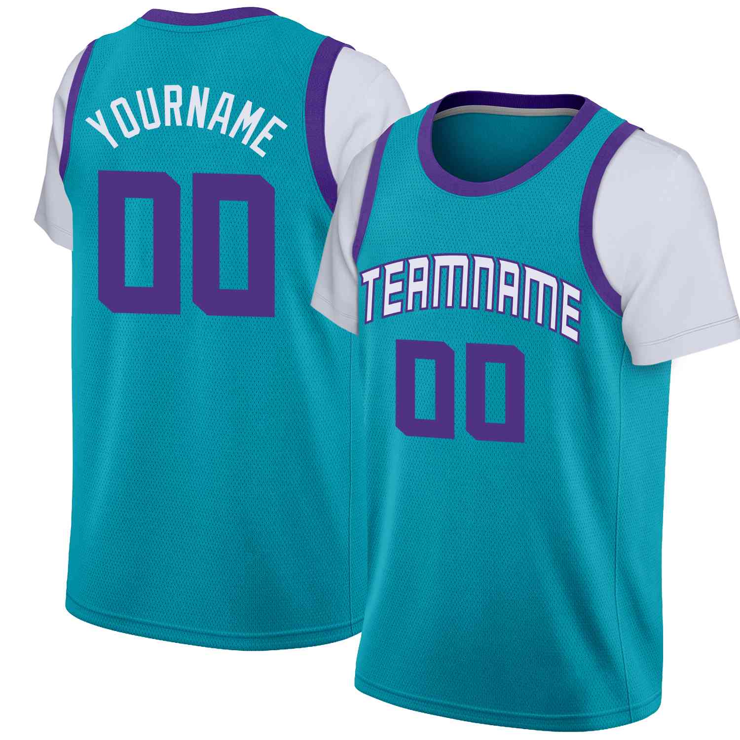 Custom Teal White-Purple Classic Tops Casual Fake Sleeve Basketball Jersey| KXKSHOP