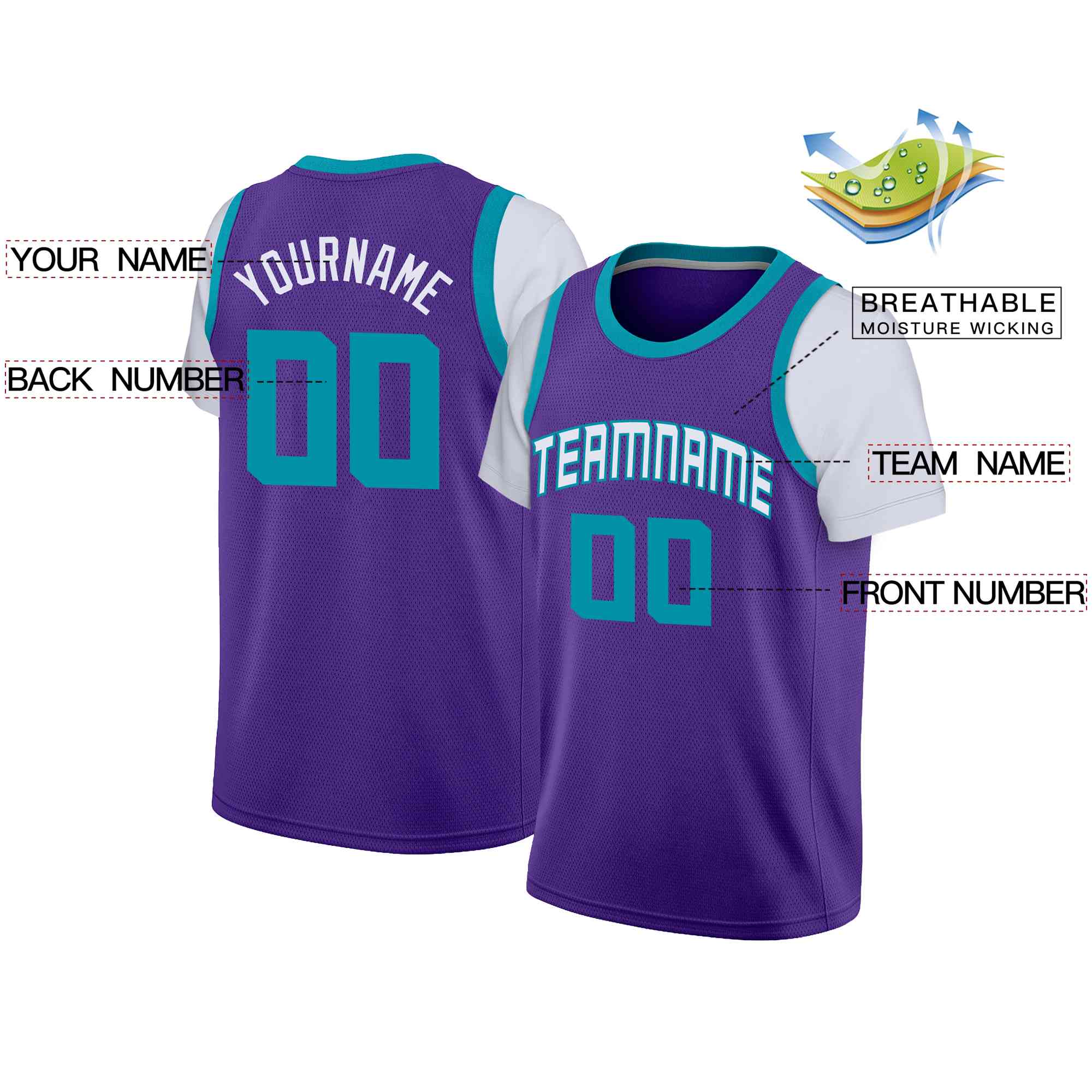 Custom Purple White-Teal Classic Tops Casual Fake Sleeve Basketball Jersey| KXKSHOP