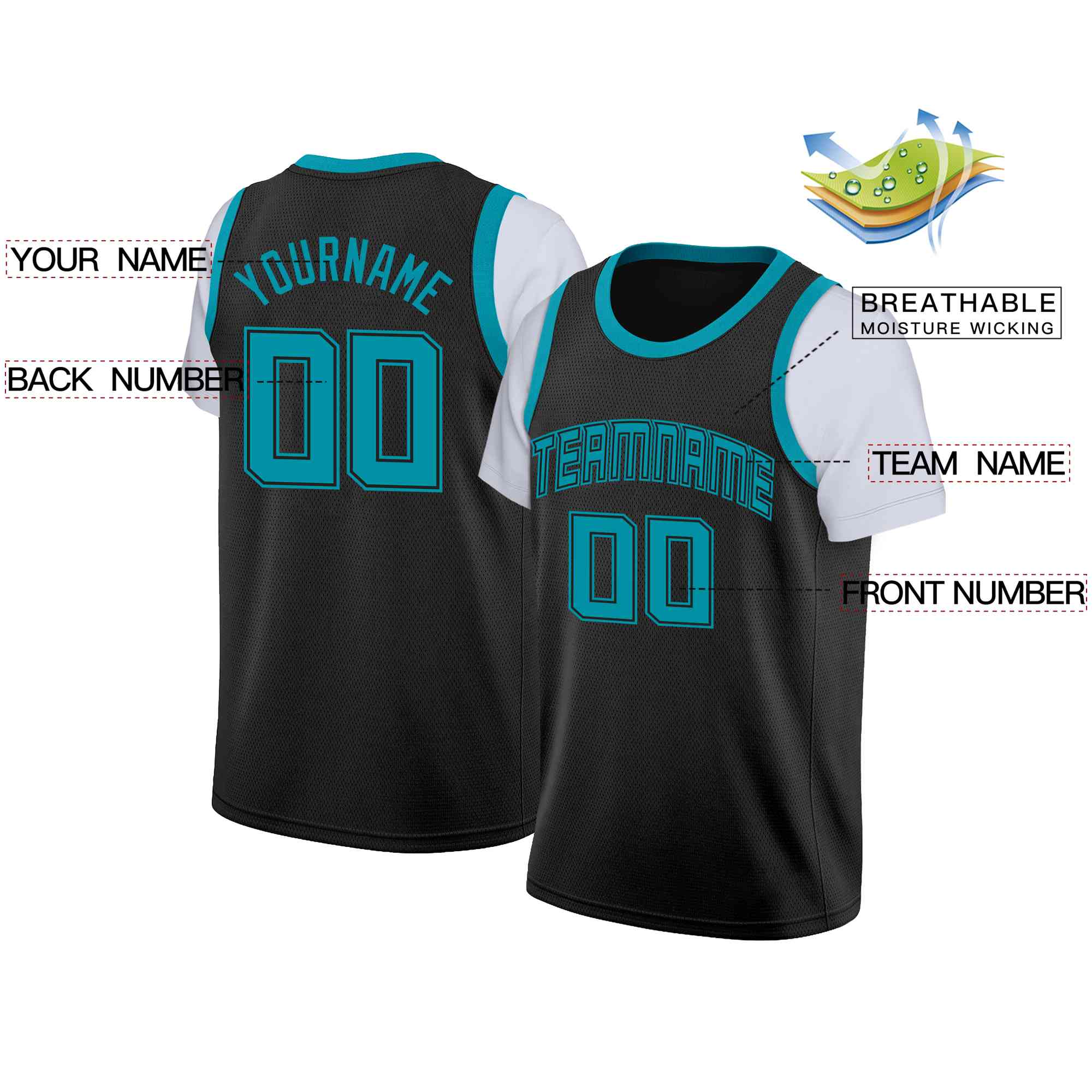 Custom Black Teal-Black Classic Tops Casual Fake Sleeve Basketball Jersey| KXKSHOP