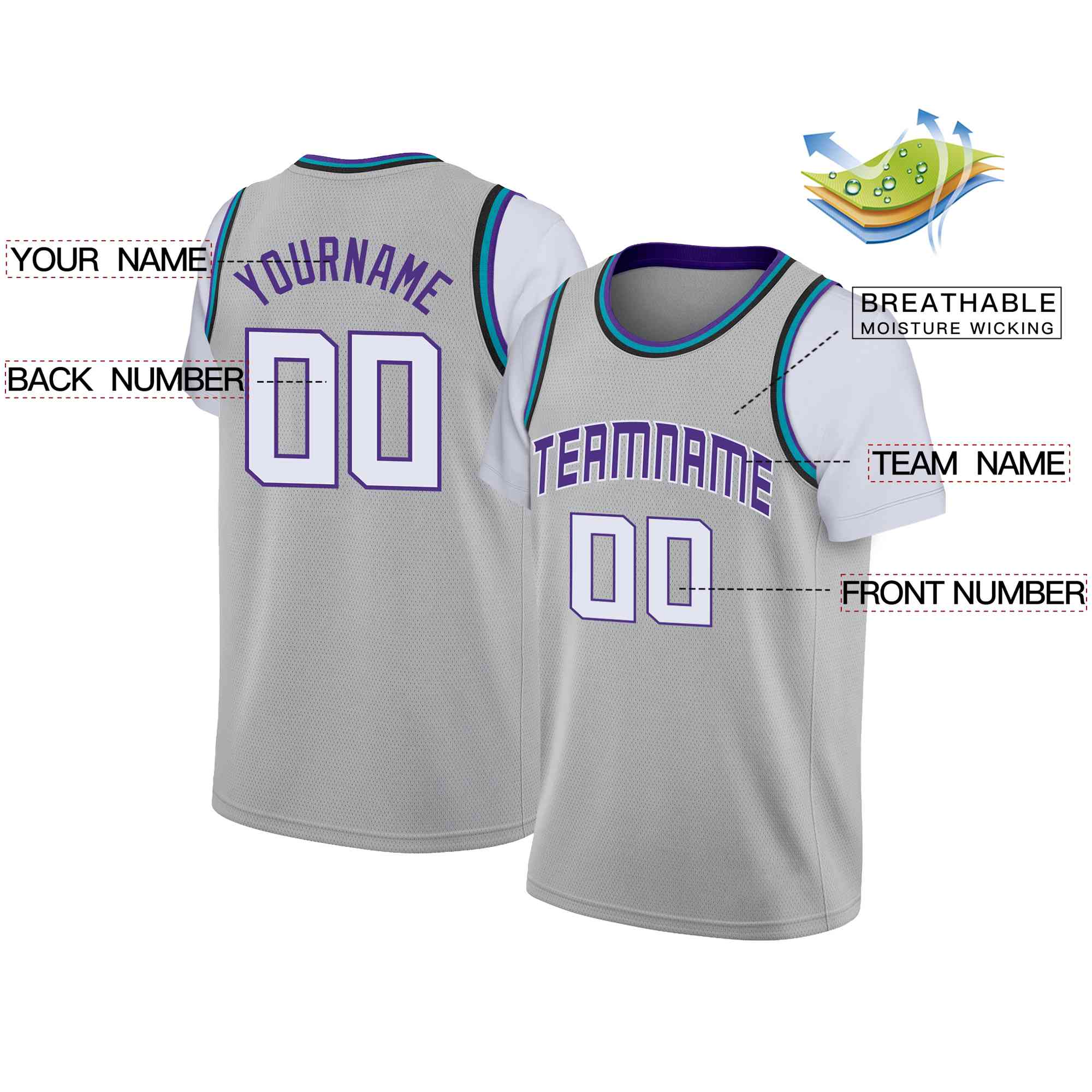 Custom Gray Purple-White Classic Tops Casual Fake Sleeve Basketball Jersey| KXKSHOP