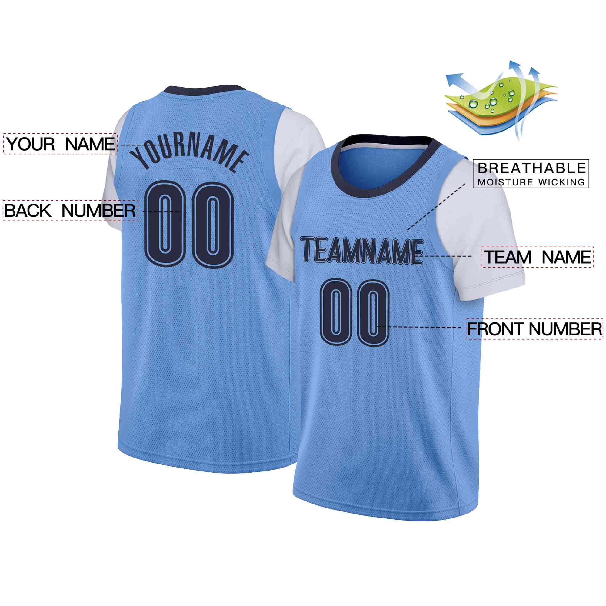 Custom Powder Blue Navy-Powder Blue Classic Tops Casual Fake Sleeve Basketball Jersey| KXKSHOP