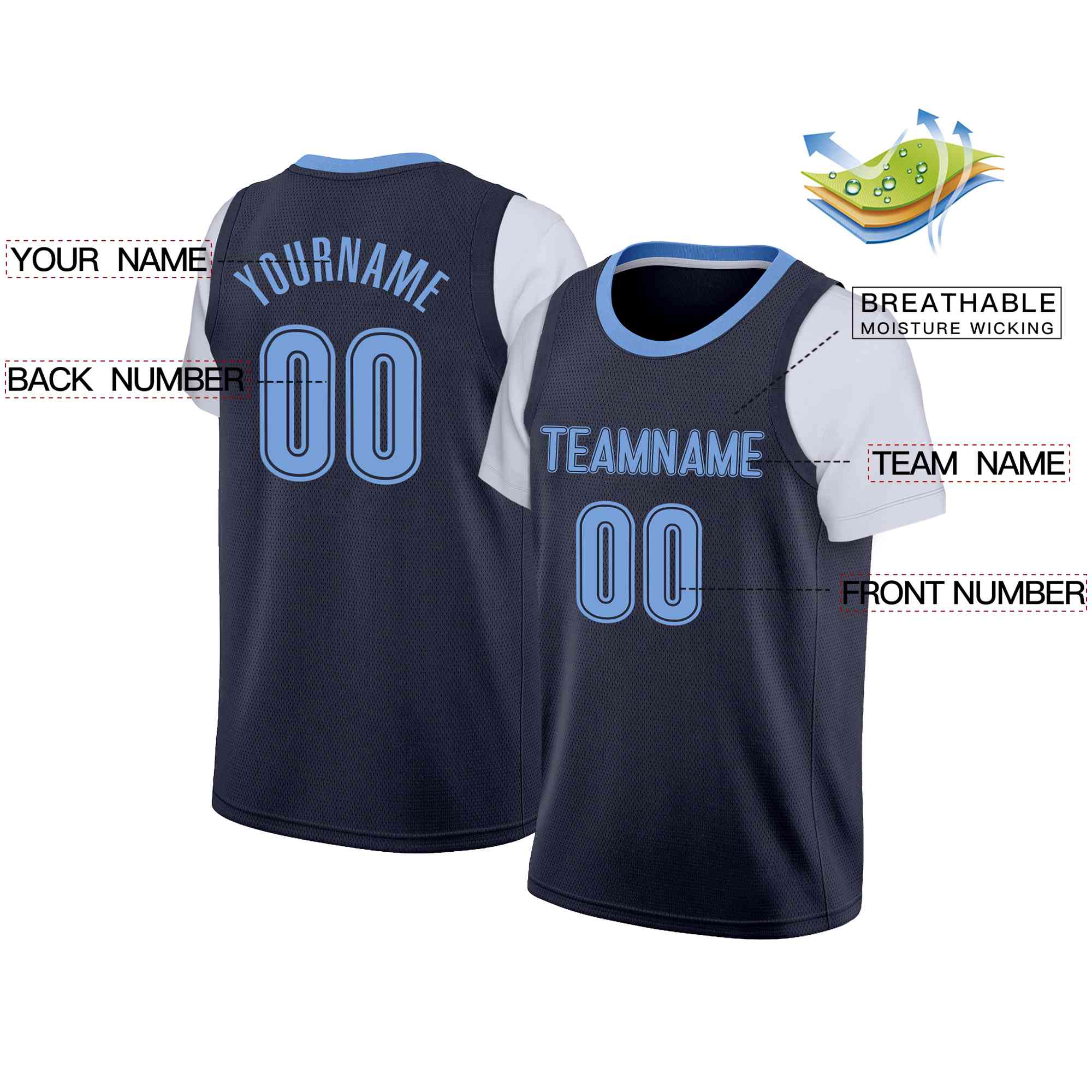 Custom Navy Powder Blue-Navy Classic Tops Casual Fake Sleeve Basketball Jersey| KXKSHOP