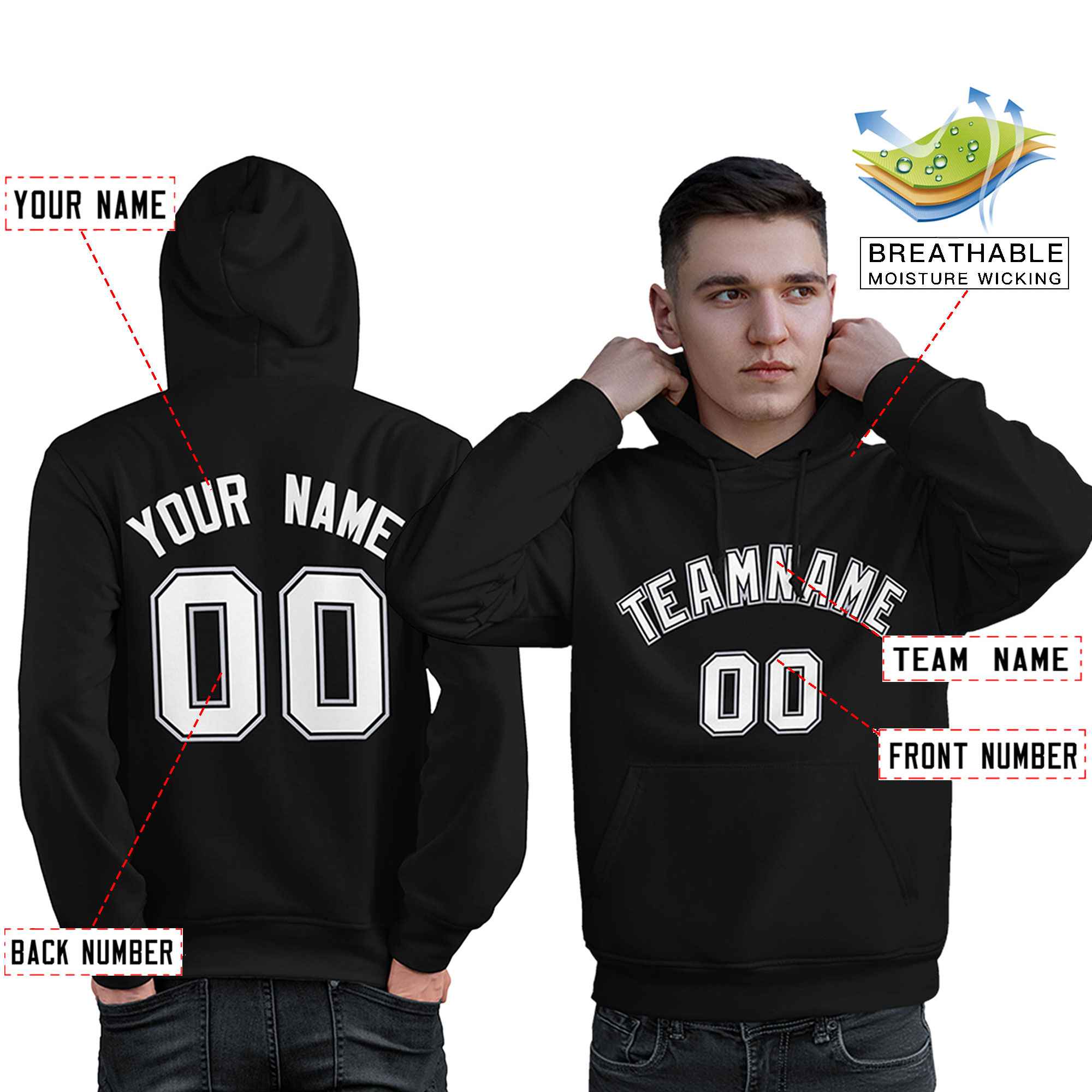 Custom Black White-Gray Classic Style Personalized Sport Pullover Hoodie| KXKSHOP