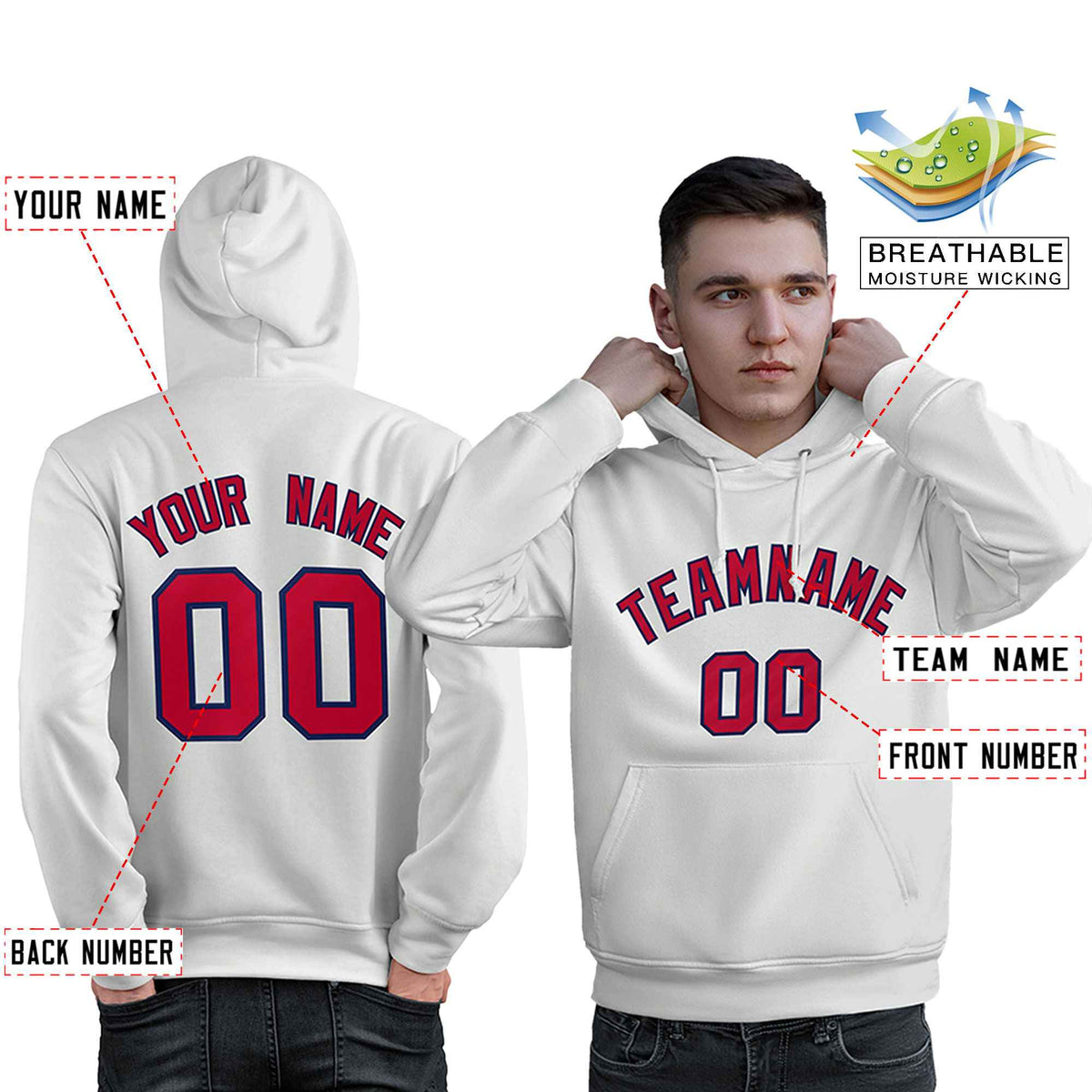 Custom White Red-Navy Classic Style Personalized Sport Pullover Hoodie| KXKSHOP