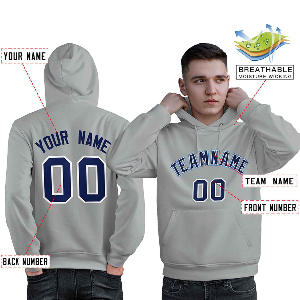 Custom Gray Light Blue-Navy Classic Style Personalized Sport Pullover Hoodie| KXKSHOP