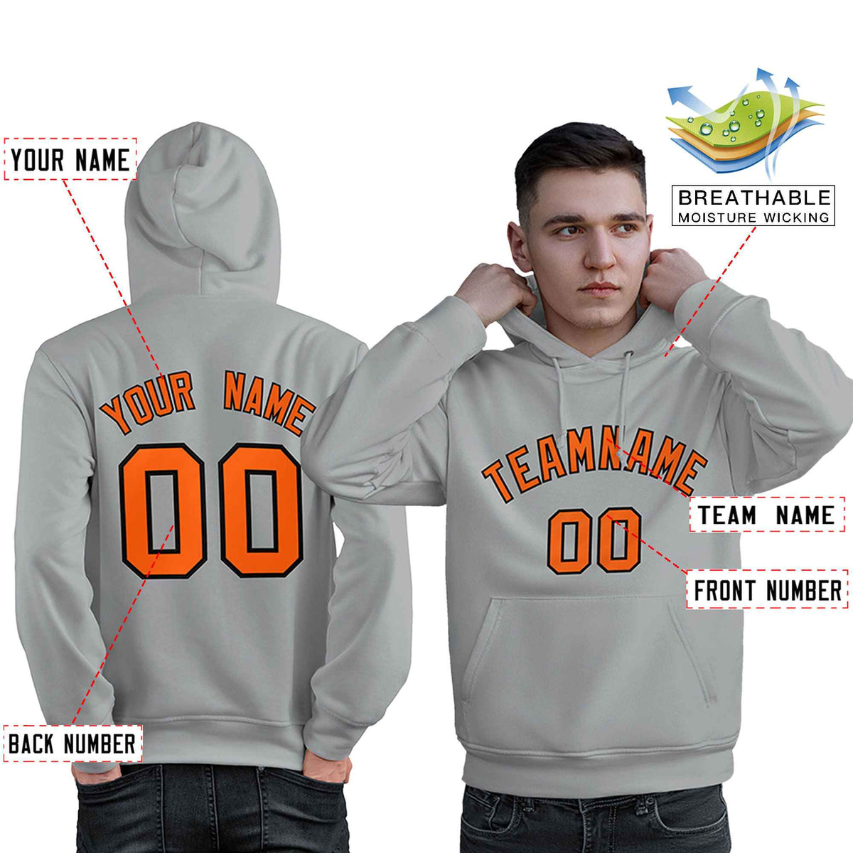 Custom Gray Orange-Black Classic Style Personalized Sport Pullover Hoodie| KXKSHOP