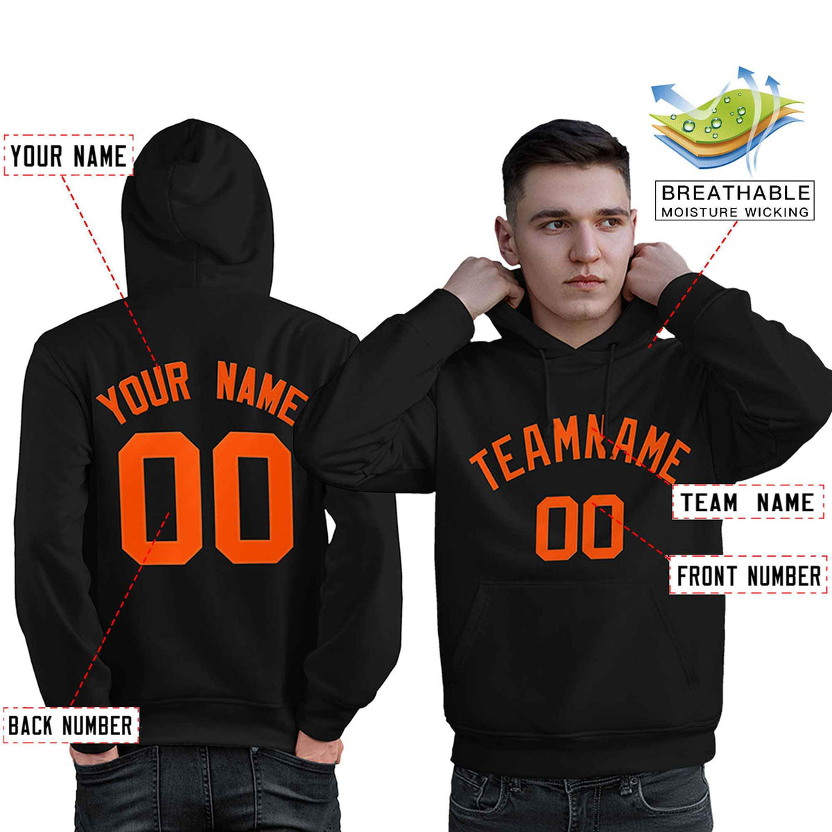 Custom Black Orange Classic Style Personalized Sport Pullover Hoodie| KXKSHOP