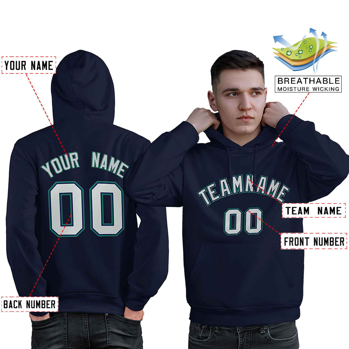 Custom Navy Gray-Aqua Classic Style Personalized Sport Pullover Hoodie| KXKSHOP