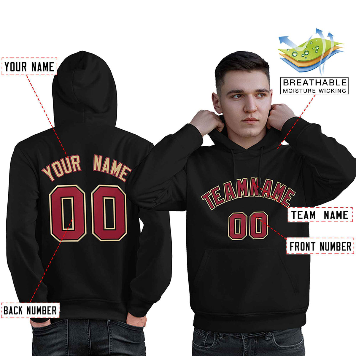 Custom Black Old Gold-Cardinal Classic Style Personalized Sport Pullover Hoodie| KXKSHOP