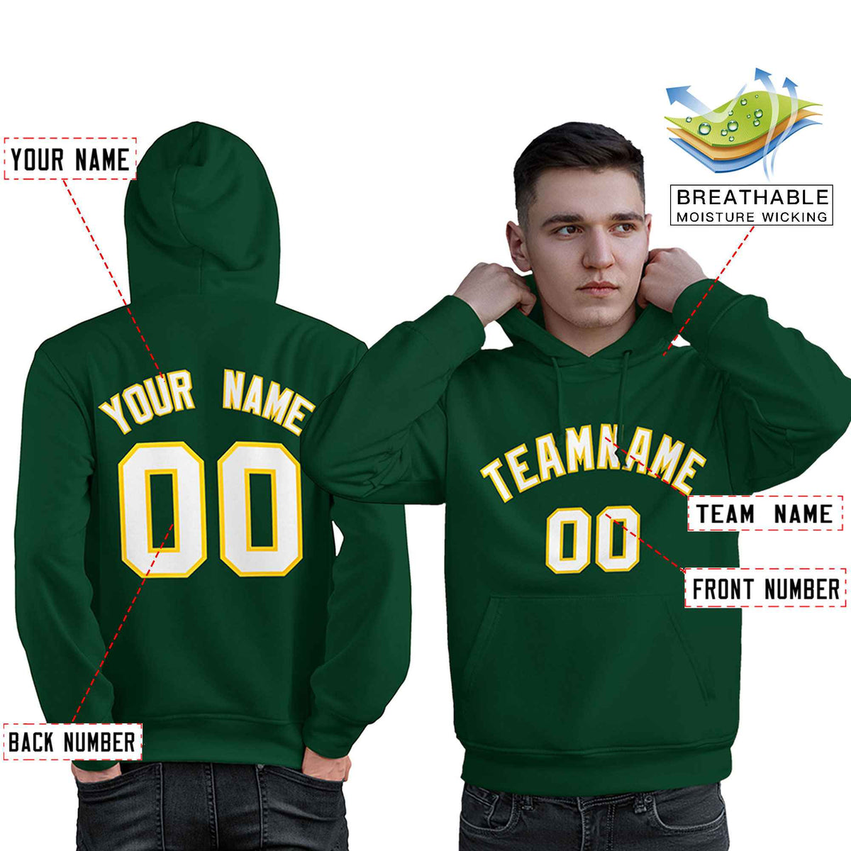 Custom Green White-Gold Classic Style Personalized Sport Pullover Hoodie| KXKSHOP