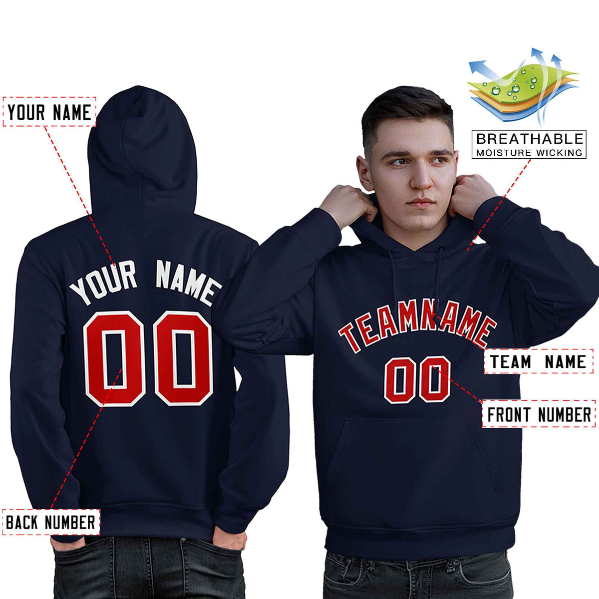 Custom Navy Red-White Classic Style Personalized Sport Pullover Hoodie| KXKSHOP