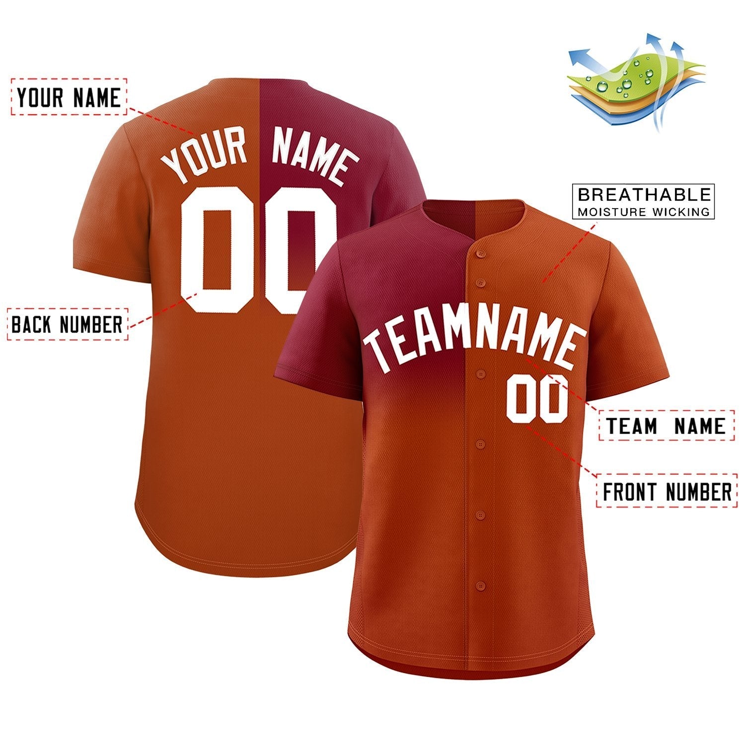 Custom Texas Orange Crimson Personalized Half Gradient Design Authentic Baseball Jersey