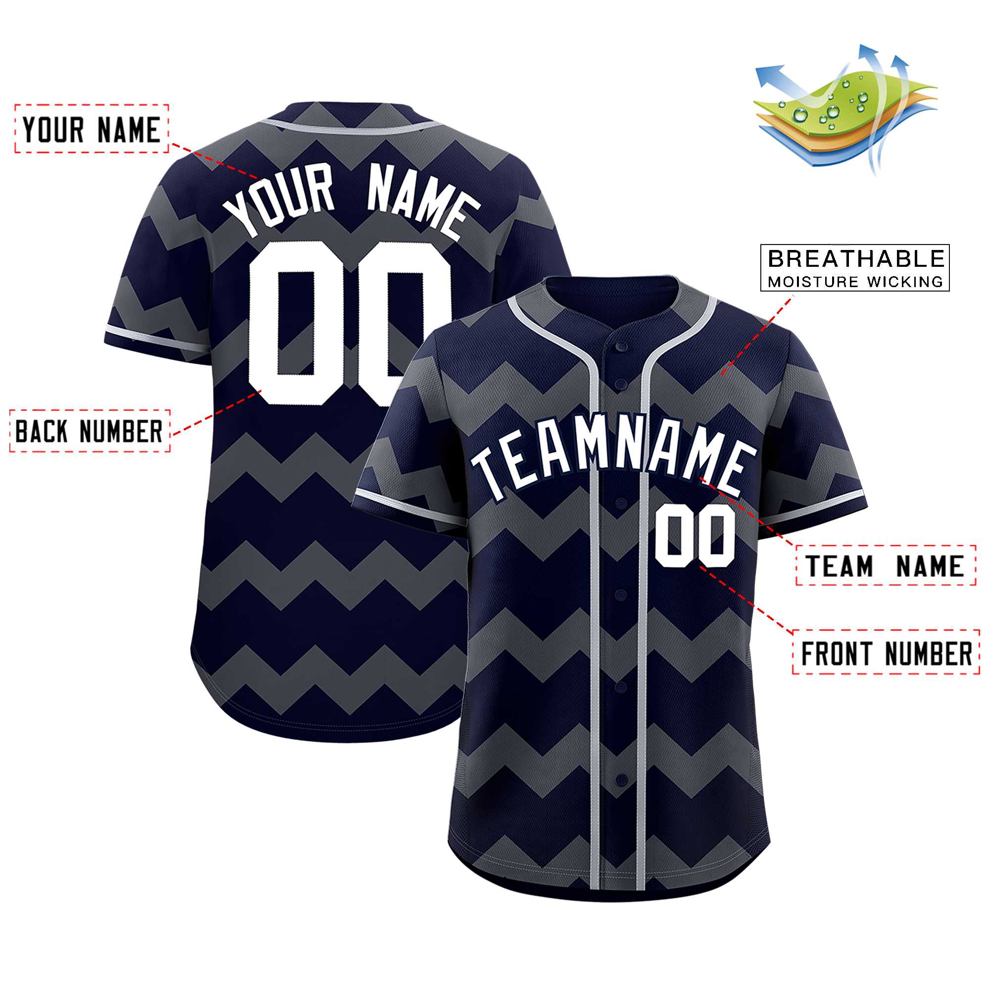 Custom Navy Gray-White Personalized Ripple Design Authentic Baseball Jersey