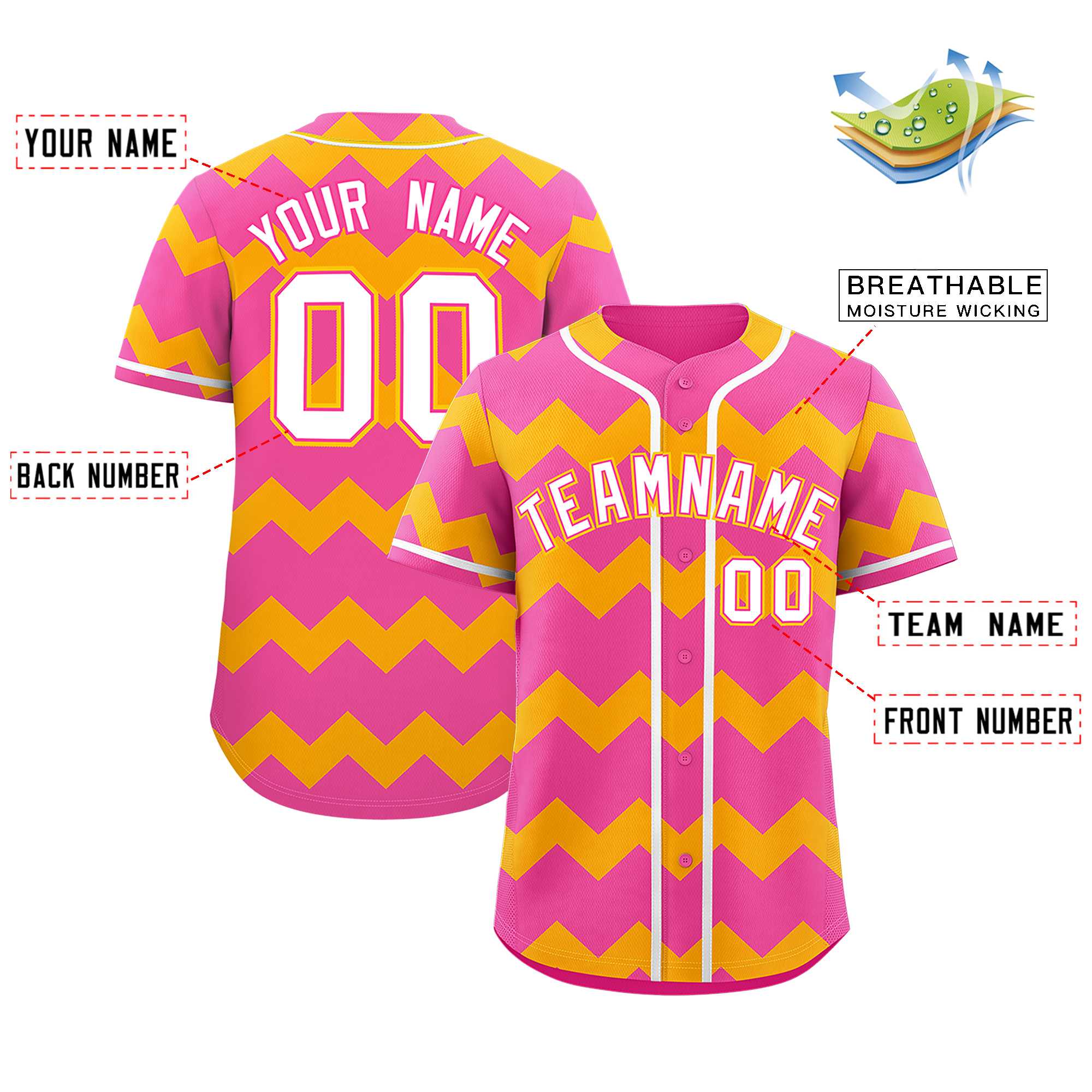 Custom Pink Yellow-White Personalized Ripple Design Authentic Baseball Jersey