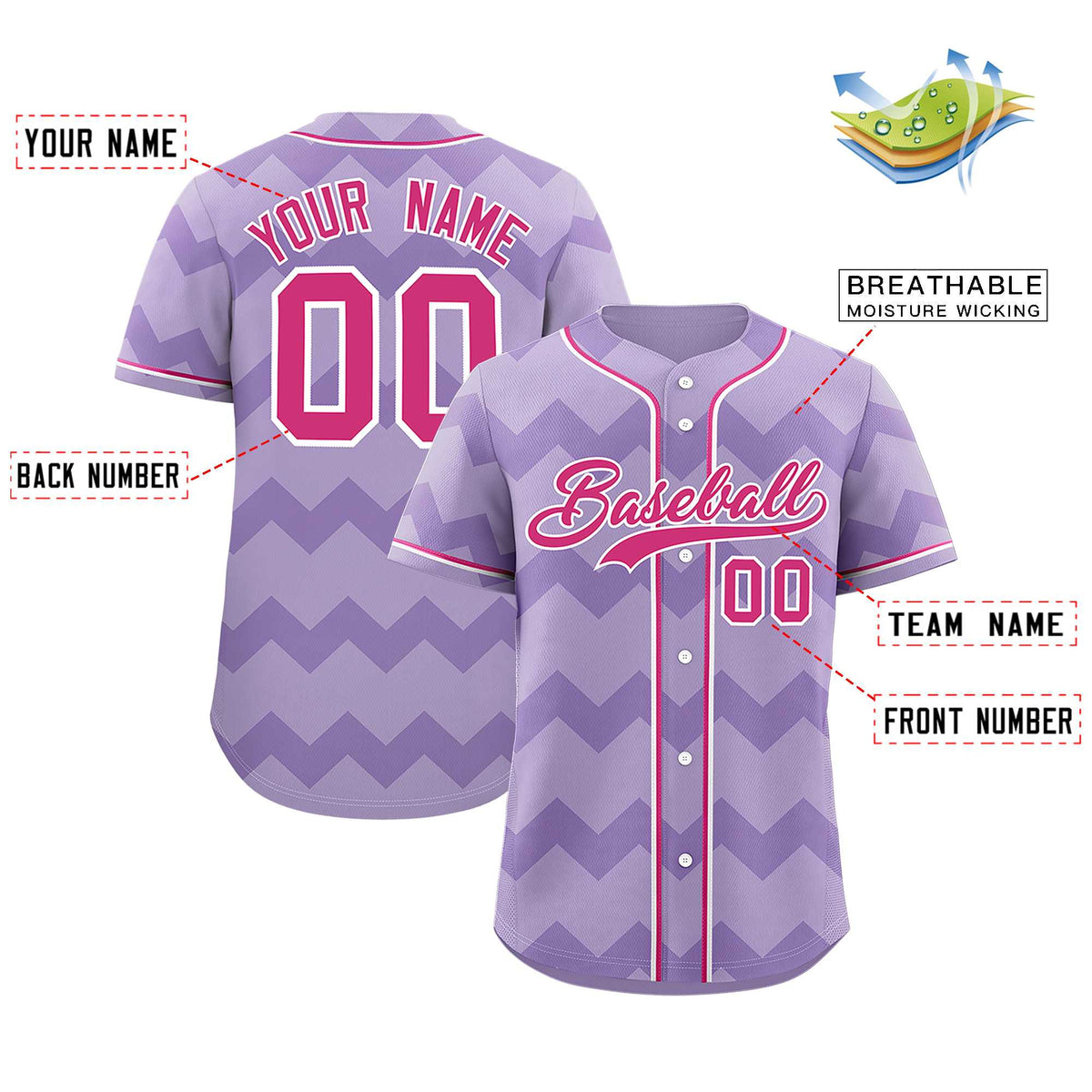 Custom Light Purple Rose Red-White Personalized Ripple Design Authentic Baseball Jersey