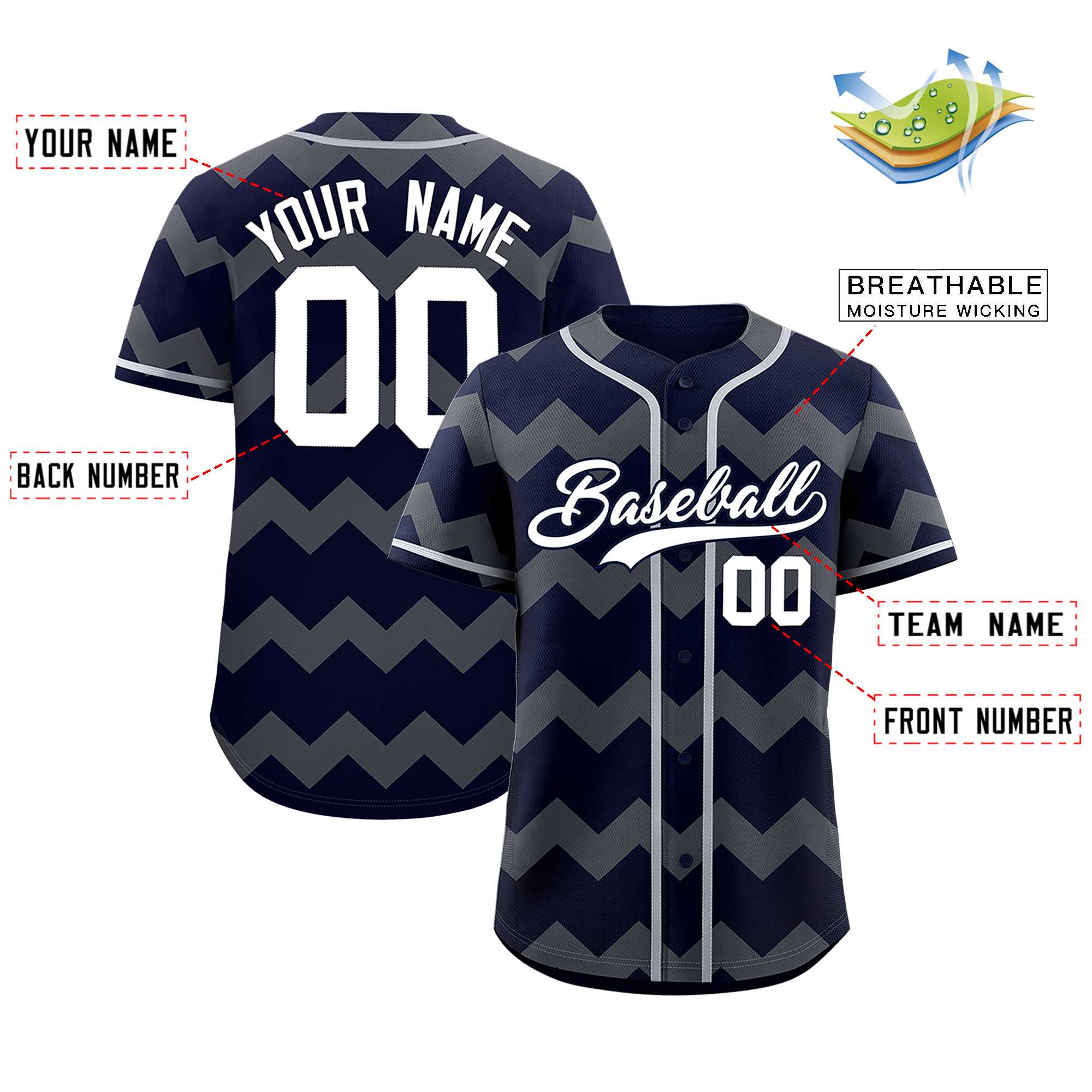 Custom Navy Gray-White Personalized Ripple Design Authentic Baseball Jersey