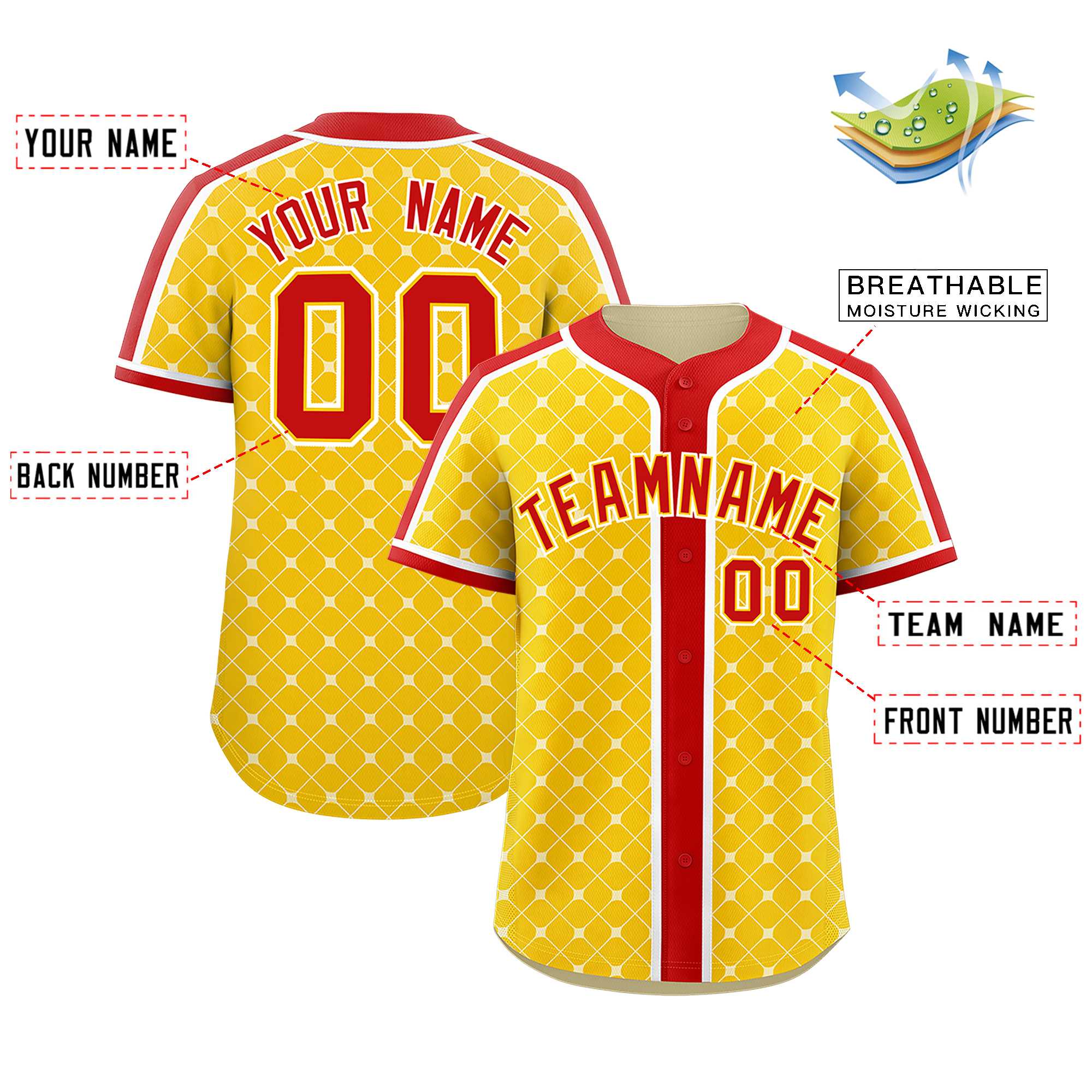 Custom Gold Red-White Personalized Plaid Design Authentic Baseball Jersey