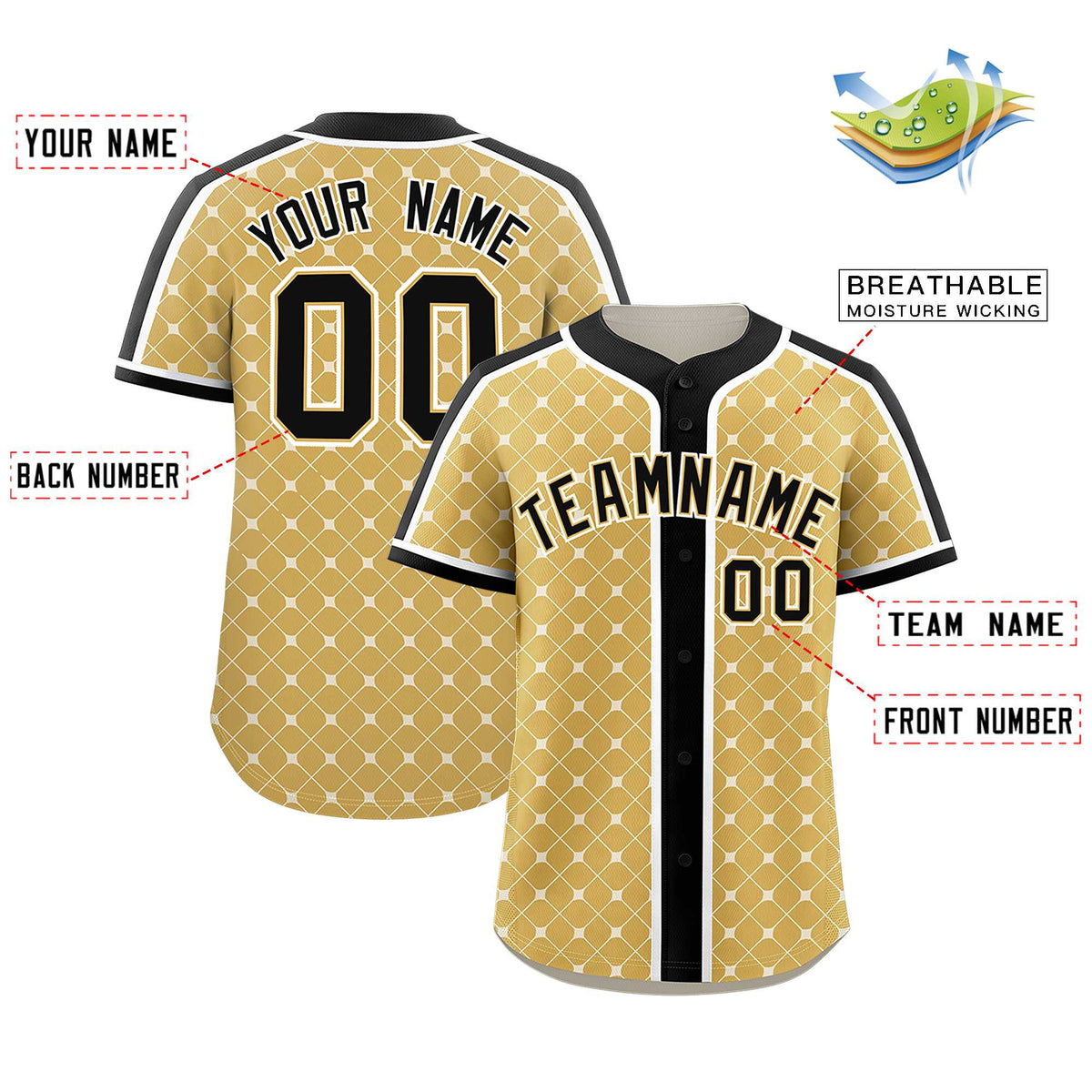 Custom Old Gold Black-White Personalized Plaid Design Authentic Baseball Jersey