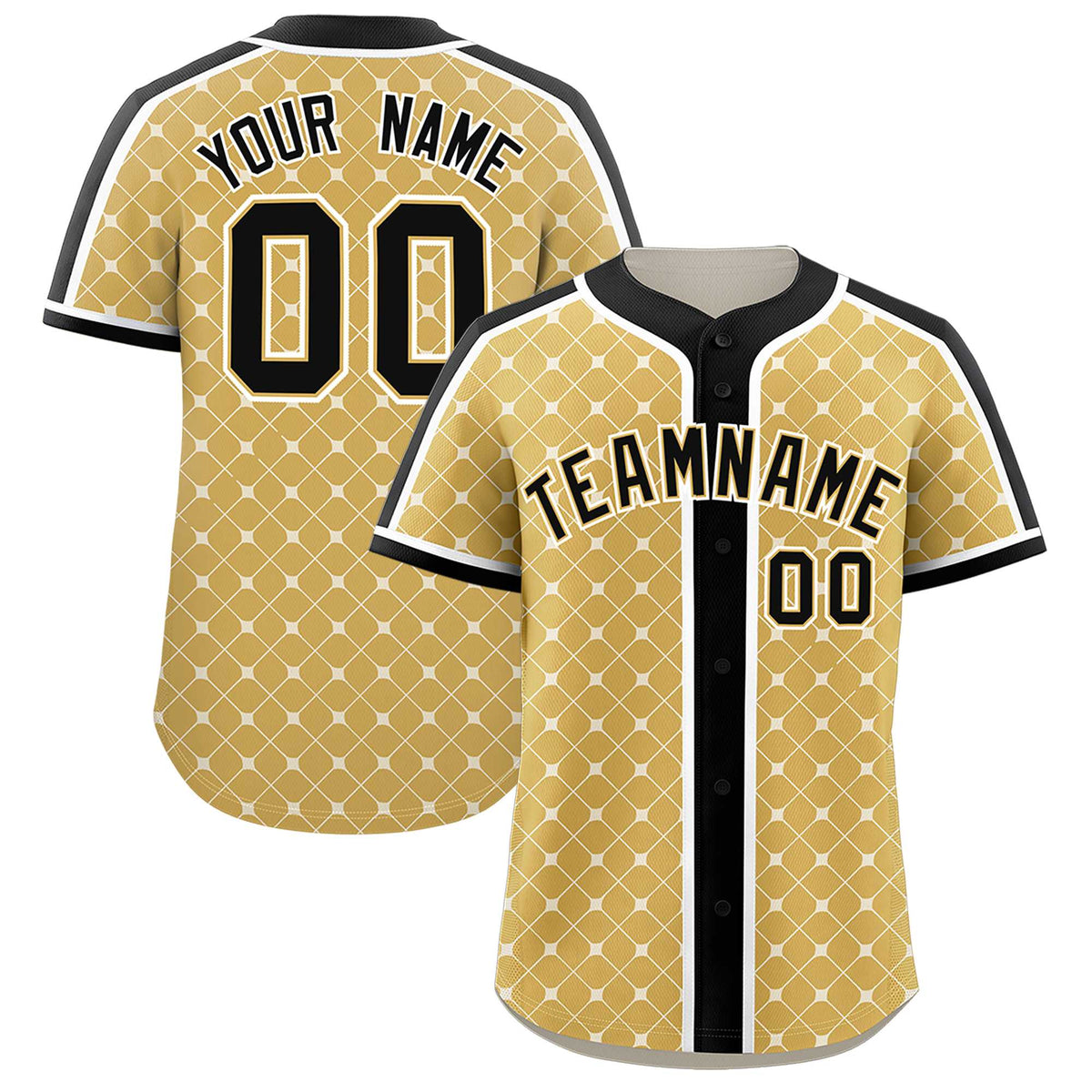 Custom Old Gold Black-White Personalized Plaid Design Authentic Baseball Jersey