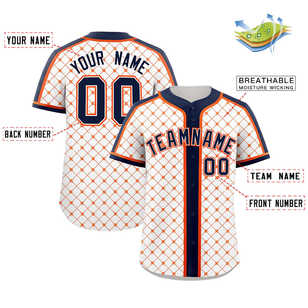 Custom White Navy-Orange Personalized Plaid Design Authentic Baseball Jersey