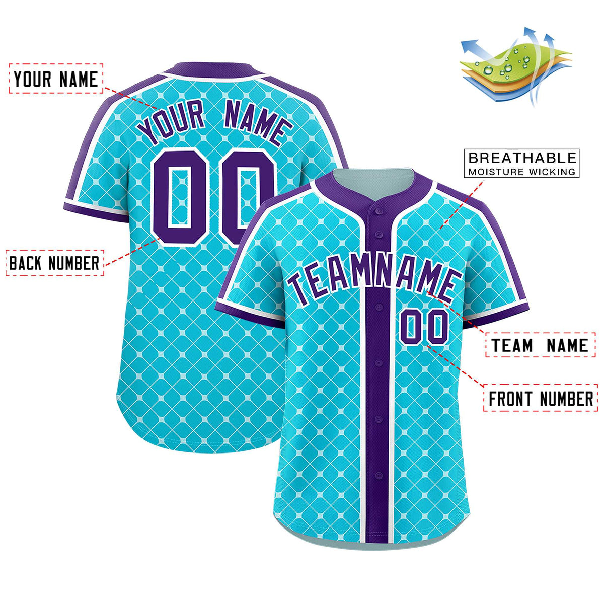 Custom Sky Blue Purple-White Personalized Plaid Design Authentic Baseball Jersey
