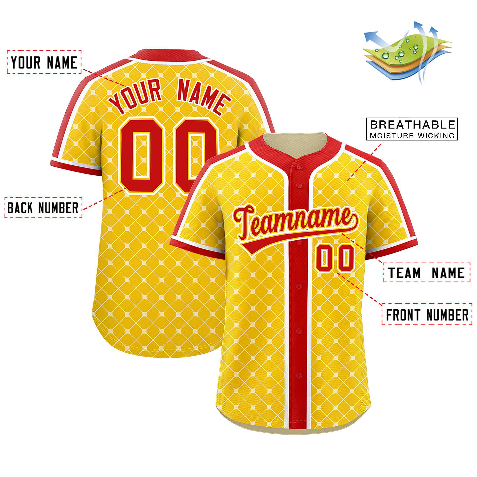 Custom Gold Red-White Personalized Plaid Design Authentic Baseball Jersey