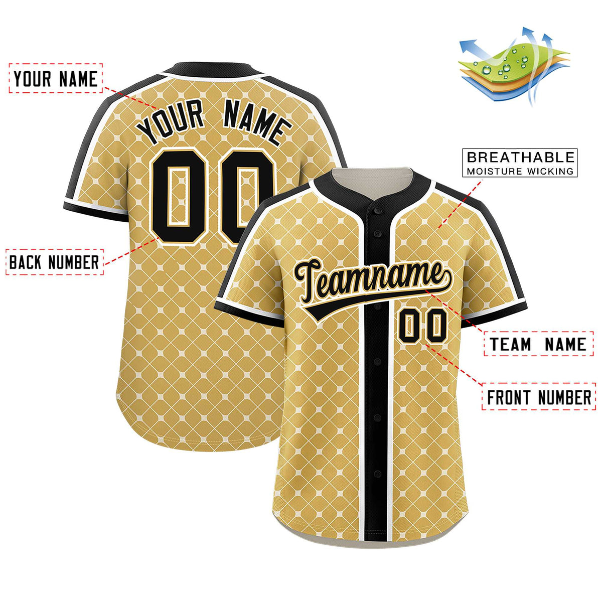 Custom Old Gold Black-White Personalized Plaid Design Authentic Baseball Jersey