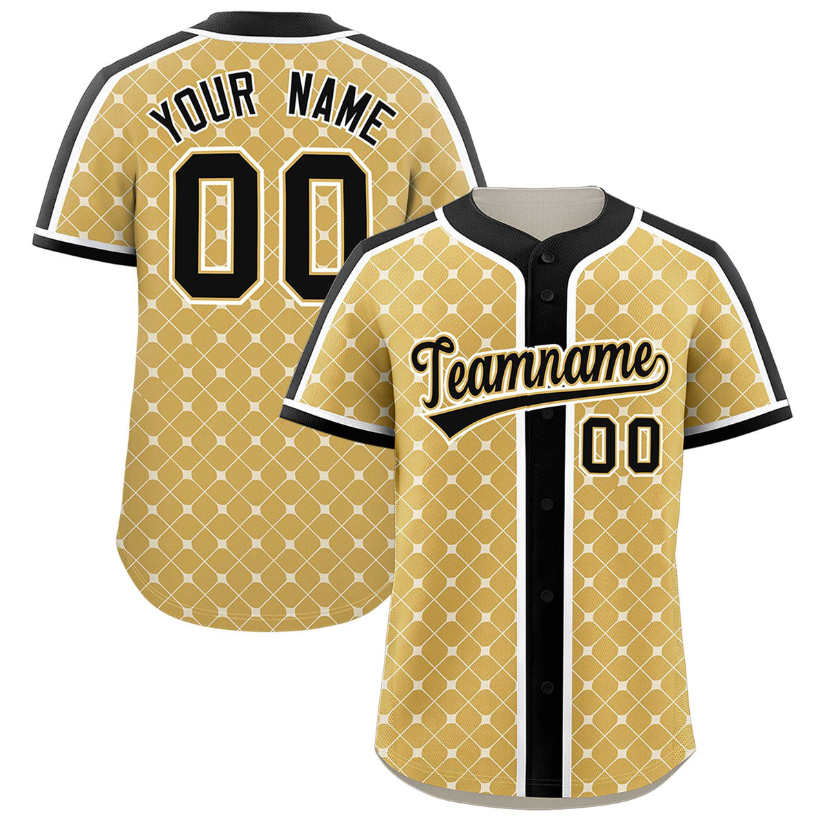 Custom Old Gold Black-White Personalized Plaid Design Authentic Baseball Jersey