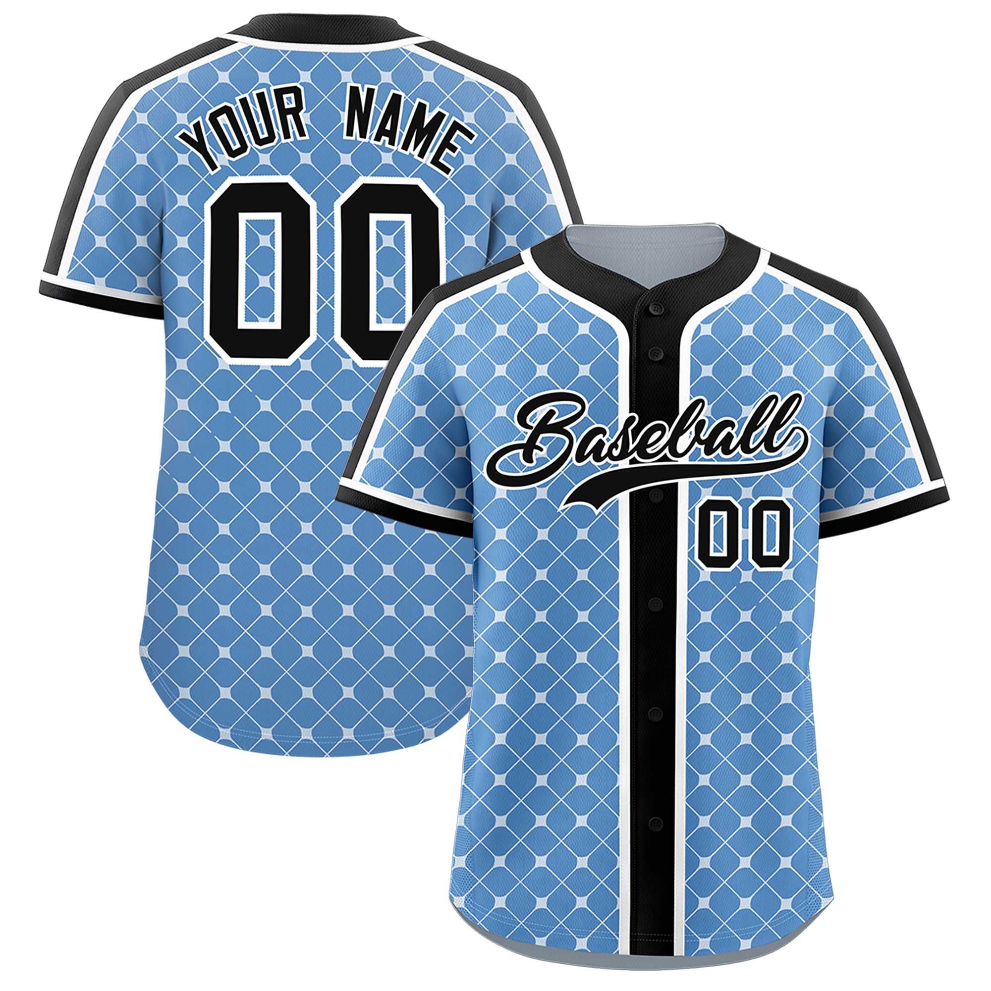 Custom Light Blue Black-White Personalized Plaid Design Authentic Baseball Jersey