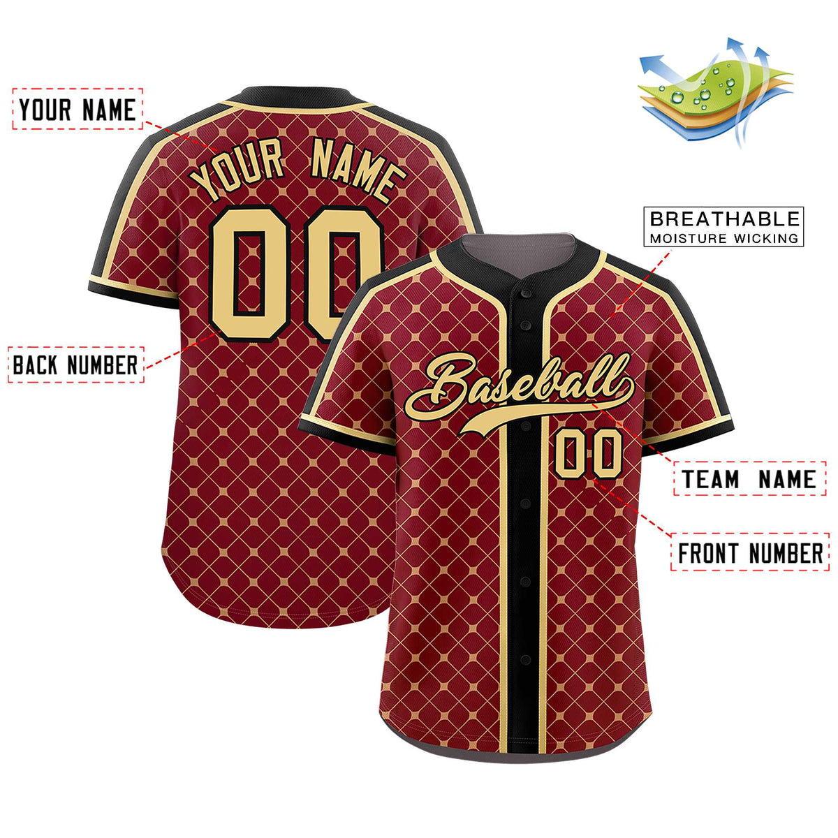Custom Crimson Black-Khaki Personalized Plaid Design Authentic Baseball Jersey