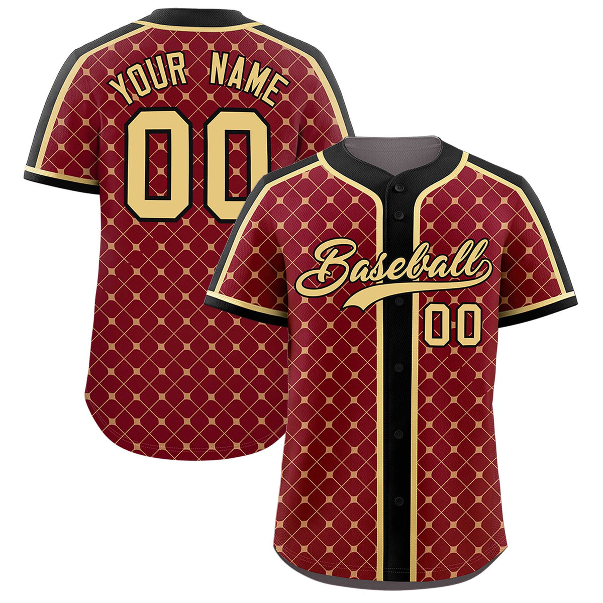 Custom Crimson Black-Khaki Personalized Plaid Design Authentic Baseball Jersey