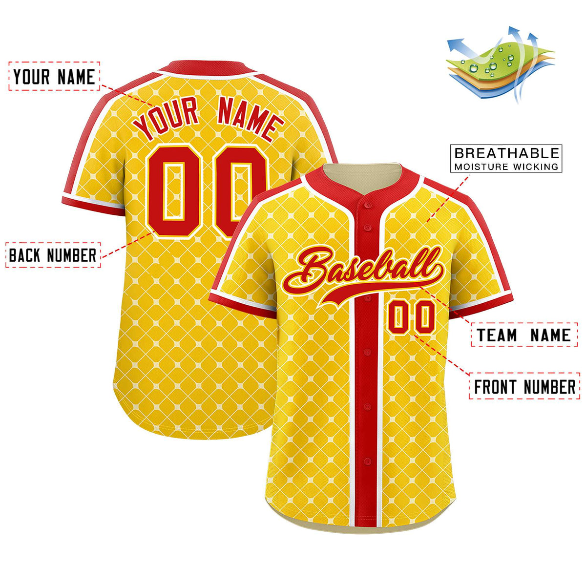 Custom Gold Red-White Personalized Plaid Design Authentic Baseball Jersey