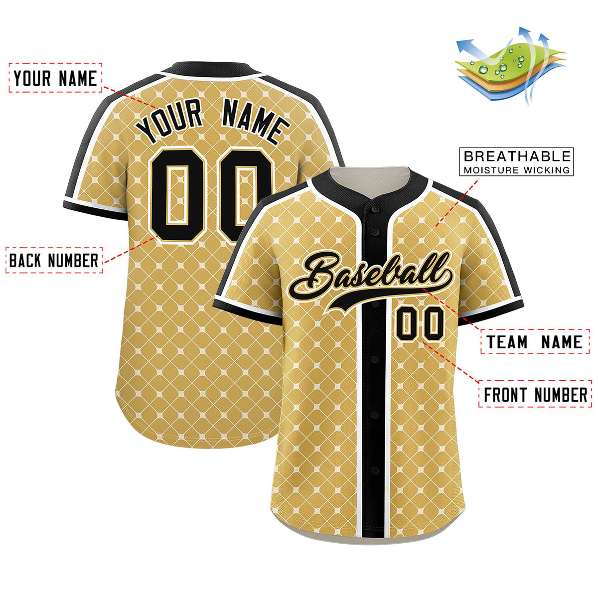 Custom Old Gold Black-White Personalized Plaid Design Authentic Baseball Jersey