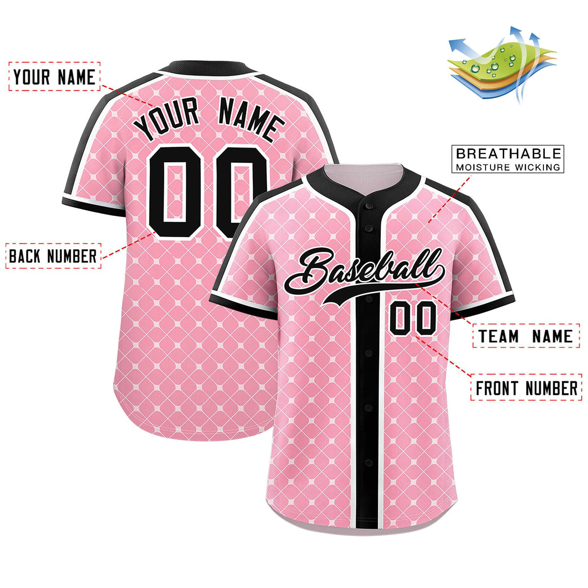 Custom Light Pink Black-White Personalized Plaid Design Authentic Baseball Jersey