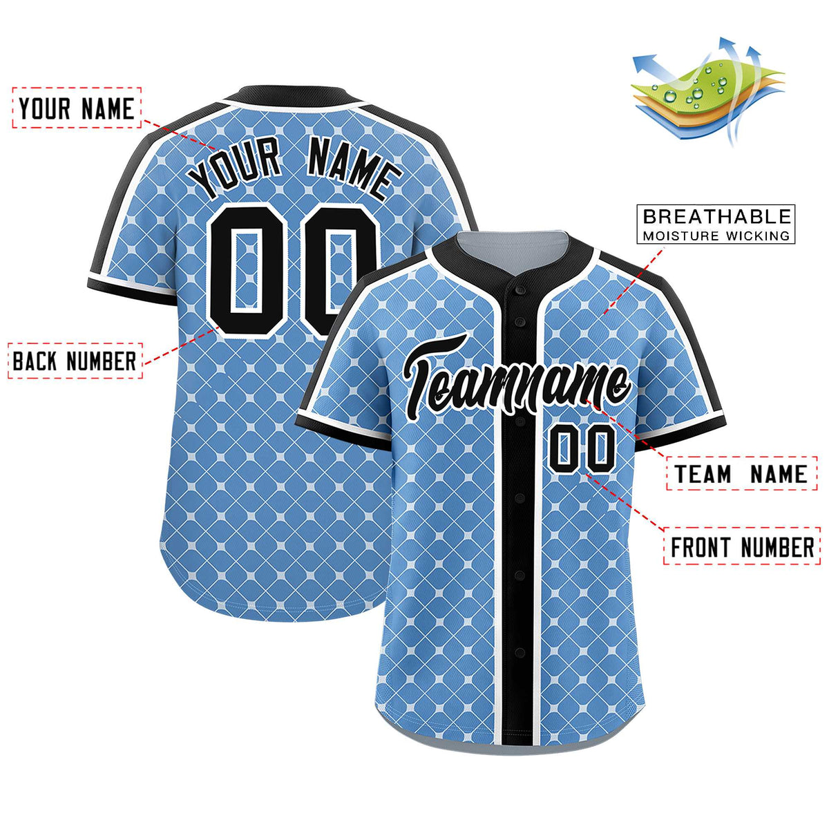 Custom Light Blue Black-White Personalized Plaid Design Authentic Baseball Jersey