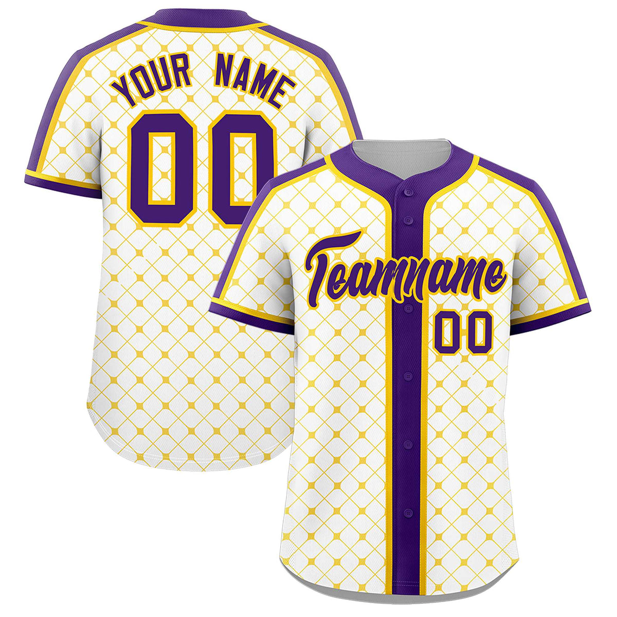 Custom White Purple-Gold Personalized Plaid Design Authentic Baseball Jersey
